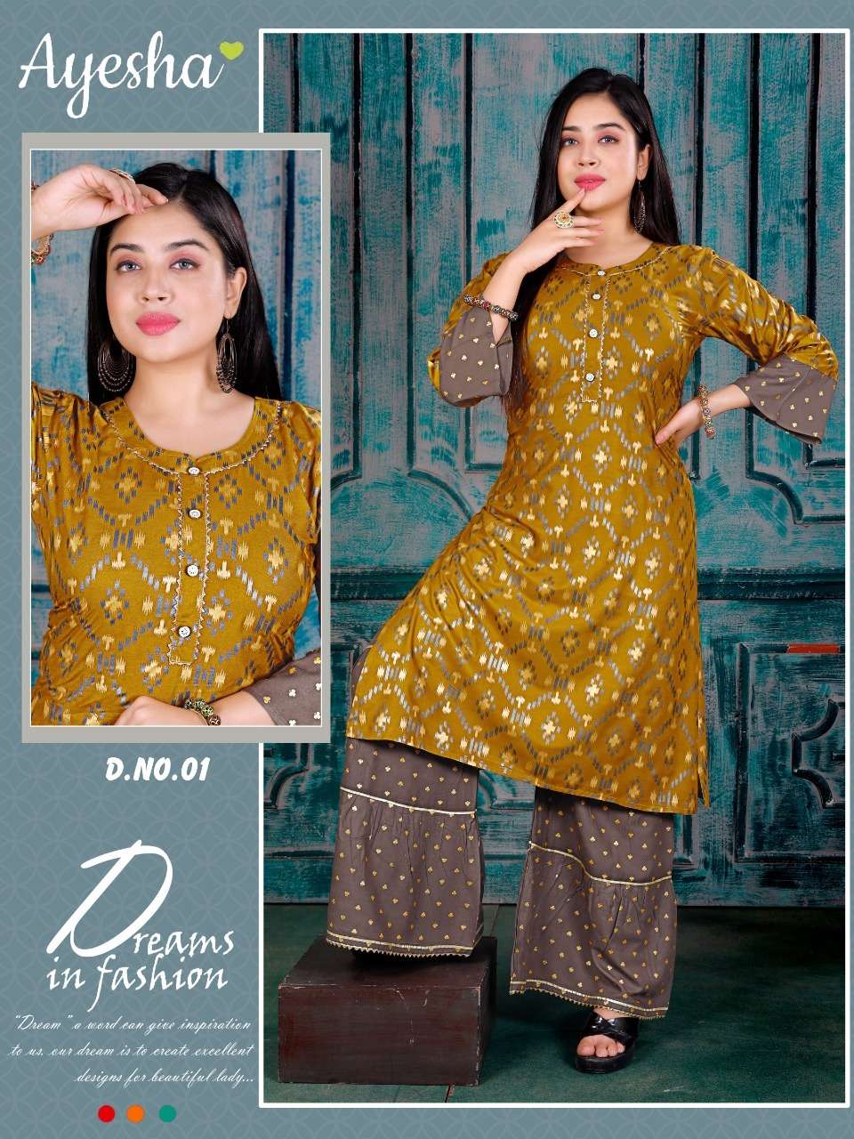 KUSUM BY AYESHA 01 TO 08 SERIES DESIGNER STYLISH FANCY COLORFUL BEAUTIFUL PARTY WEAR & ETHNIC WEAR COLLECTION RAYON GOLD PRINT KURTIS WITH BOTTOM AT WHOLESALE PRICE