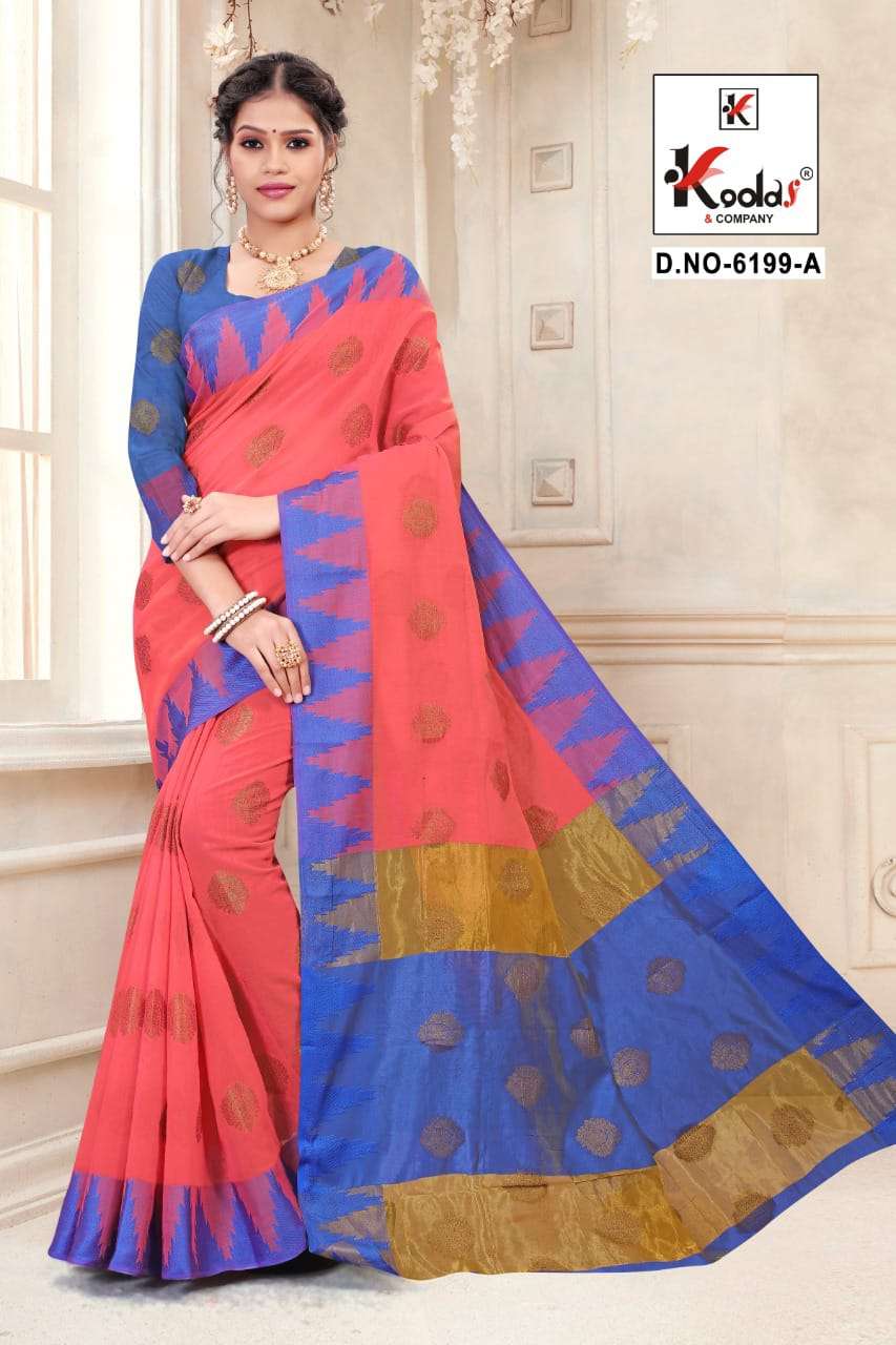 RIDHIMA 6199 BY KODAS 6199-A TO 6199-D SERIES INDIAN TRADITIONAL WEAR COLLECTION BEAUTIFUL STYLISH FANCY COLORFUL PARTY WEAR & OCCASIONAL WEAR COTTON SAREES AT WHOLESALE PRICE