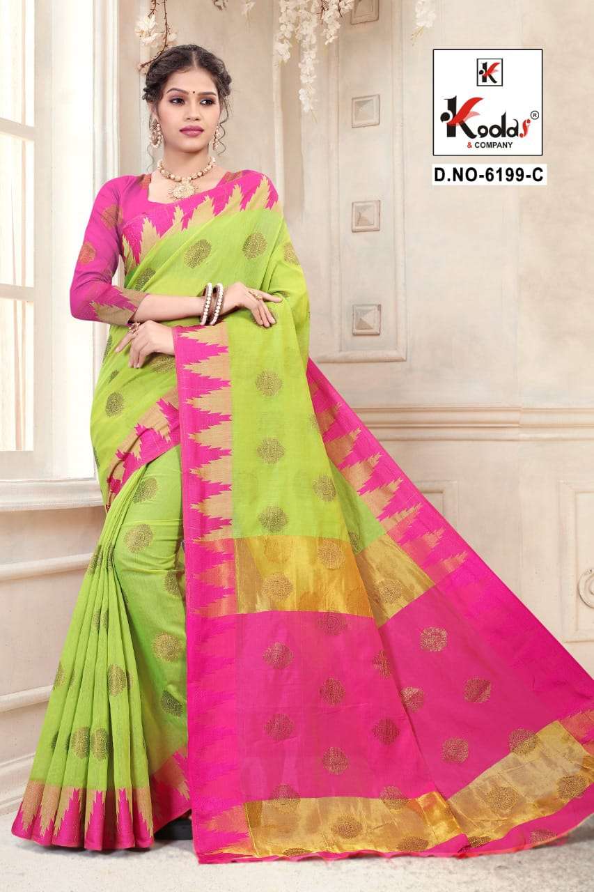 RIDHIMA 6199 BY KODAS 6199-A TO 6199-D SERIES INDIAN TRADITIONAL WEAR COLLECTION BEAUTIFUL STYLISH FANCY COLORFUL PARTY WEAR & OCCASIONAL WEAR COTTON SAREES AT WHOLESALE PRICE