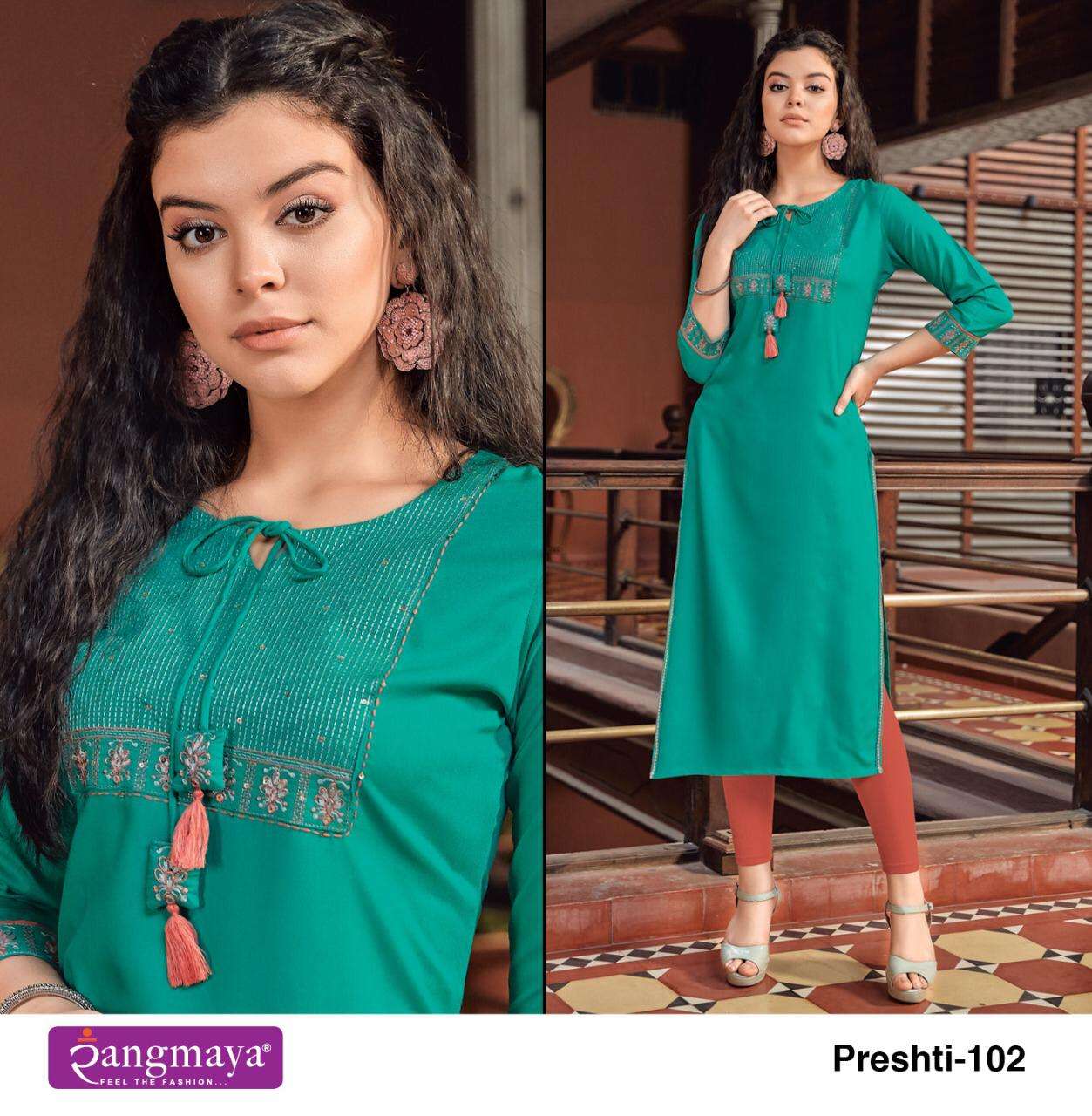 PRESHTI BY RANGMAYA 101 TO 110 SERIES DESIGNER STYLISH FANCY COLORFUL BEAUTIFUL PARTY WEAR & ETHNIC WEAR COLLECTION RAYON EMBROIDERY KURTIS AT WHOLESALE PRICE
