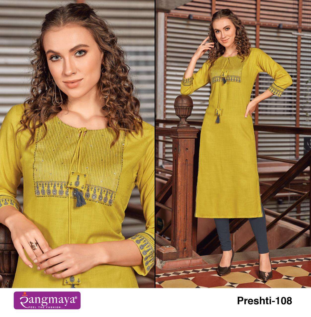 PRESHTI BY RANGMAYA 101 TO 110 SERIES DESIGNER STYLISH FANCY COLORFUL BEAUTIFUL PARTY WEAR & ETHNIC WEAR COLLECTION RAYON EMBROIDERY KURTIS AT WHOLESALE PRICE