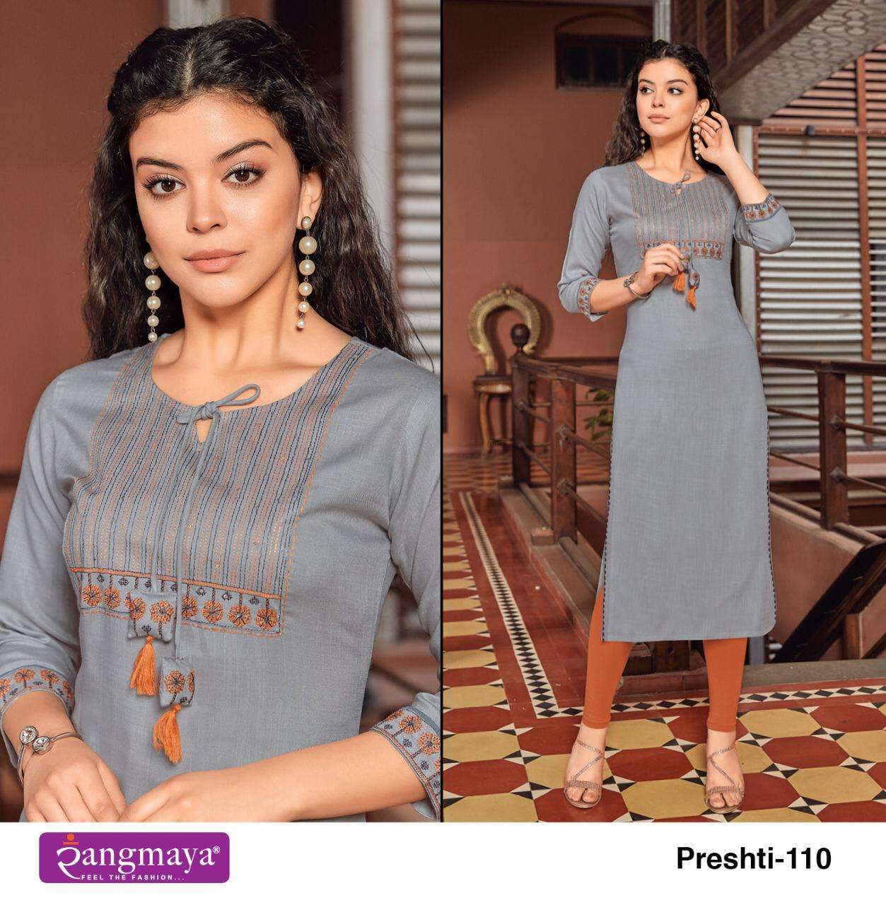 PRESHTI BY RANGMAYA 101 TO 110 SERIES DESIGNER STYLISH FANCY COLORFUL BEAUTIFUL PARTY WEAR & ETHNIC WEAR COLLECTION RAYON EMBROIDERY KURTIS AT WHOLESALE PRICE