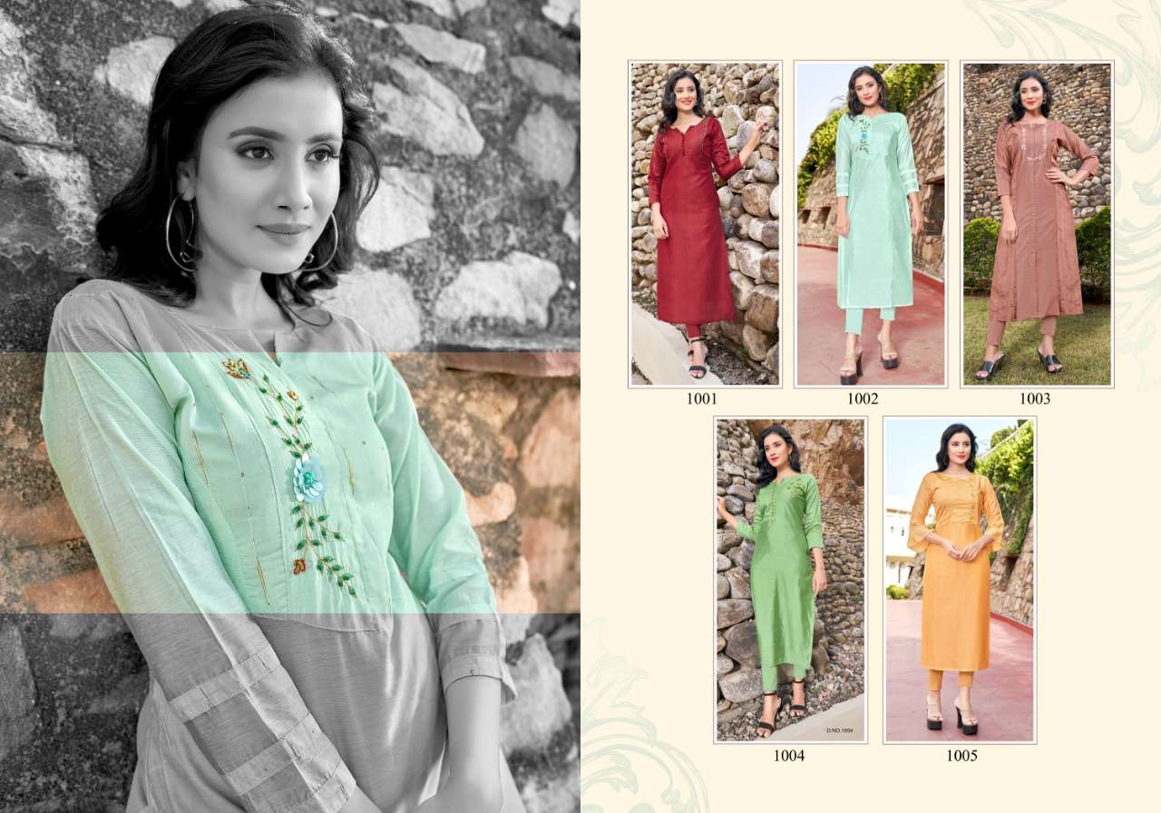 SIMRAN BY SELESTA 1001 TO 1005 SERIES DESIGNER STYLISH FANCY COLORFUL BEAUTIFUL PARTY WEAR & ETHNIC WEAR COLLECTION HEAVY CHANDERI KURTIS AT WHOLESALE PRICE