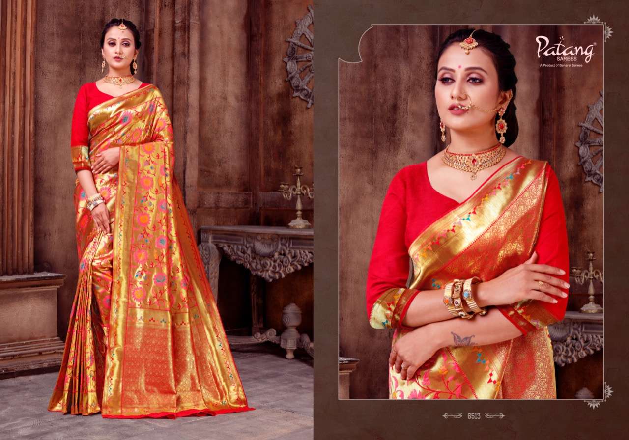 PANCHKANYA BY PATANG SAREES 6511 TO 6519 SERIES INDIAN TRADITIONAL WEAR COLLECTION BEAUTIFUL STYLISH FANCY COLORFUL PARTY WEAR & OCCASIONAL WEAR PURE JARI SAREES AT WHOLESALE PRICE