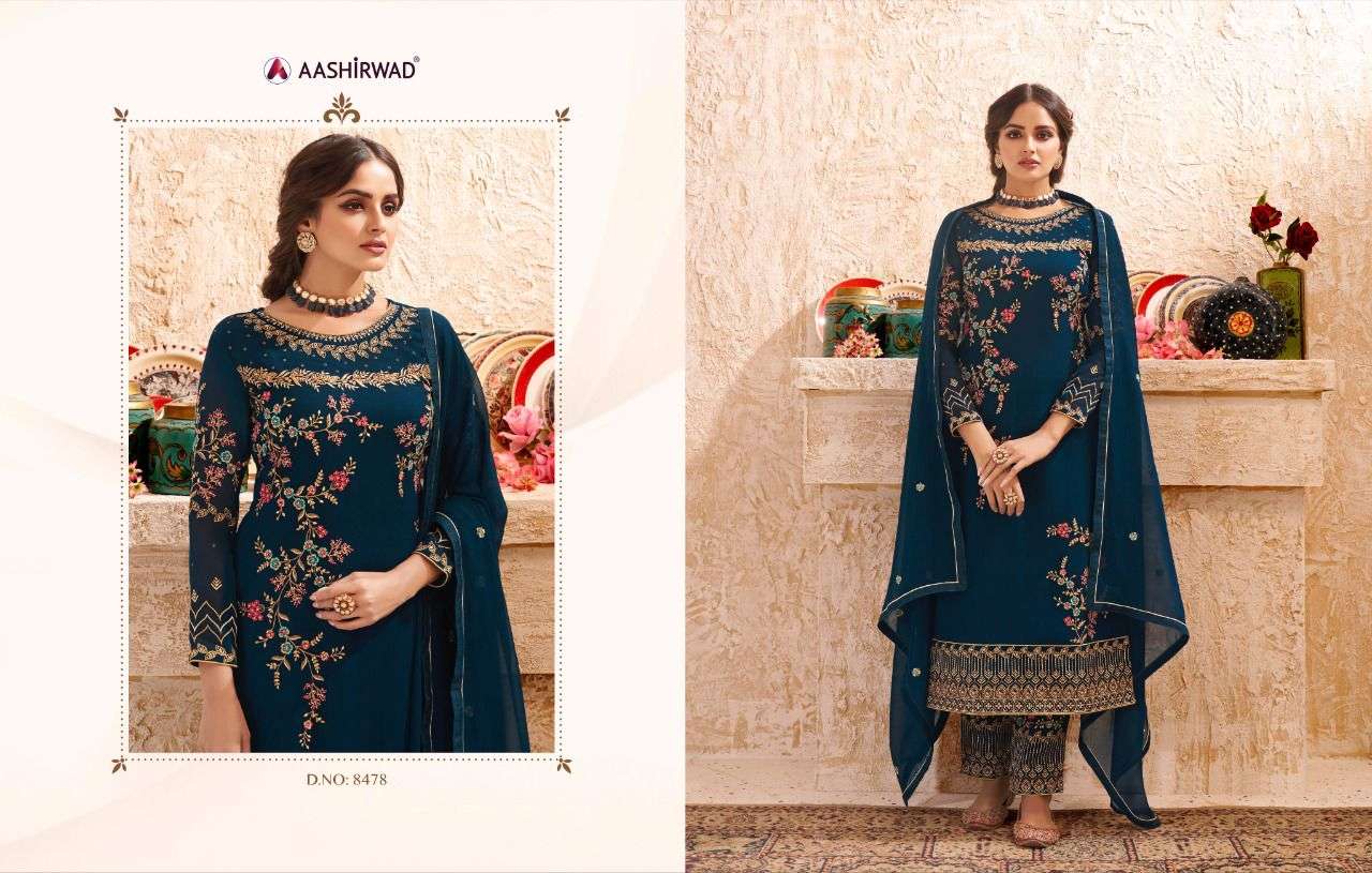 PANIHARI BY AASHIRWAD CREATION 8476 TO 8479 SERIES DESIGNER SUITS COLLECTION BEAUTIFUL STYLISH FANCY COLORFUL PARTY WEAR & OCCASIONAL WEAR REAL GEORGETTE DRESSES AT WHOLESALE PRICE