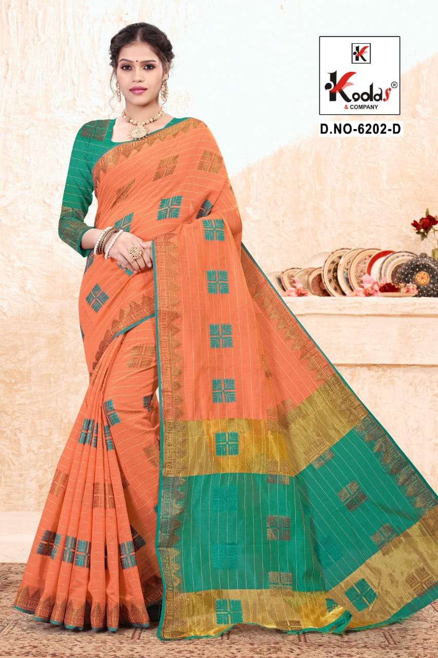 RIDHIMA 6202 BY KODAS 6202-A TO 6202-D SERIES INDIAN TRADITIONAL WEAR COLLECTION BEAUTIFUL STYLISH FANCY COLORFUL PARTY WEAR & OCCASIONAL WEAR COTTON SAREES AT WHOLESALE PRICE