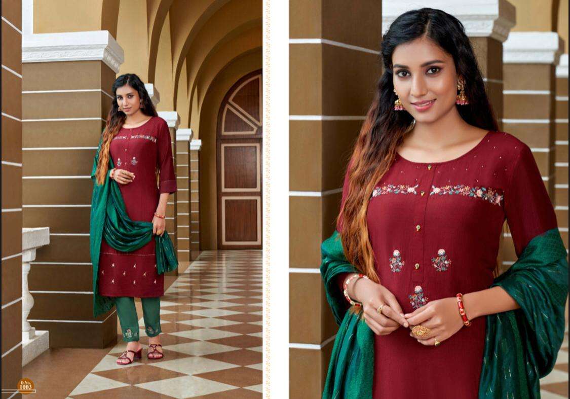 GRAND BY AMAAYA GARMENTS 1001 TO 1006 SERIES BEAUTIFUL SUITS COLORFUL STYLISH FANCY CASUAL WEAR & ETHNIC WEAR CHINNON SILK EMBROIDERED DRESSES AT WHOLESALE PRICE