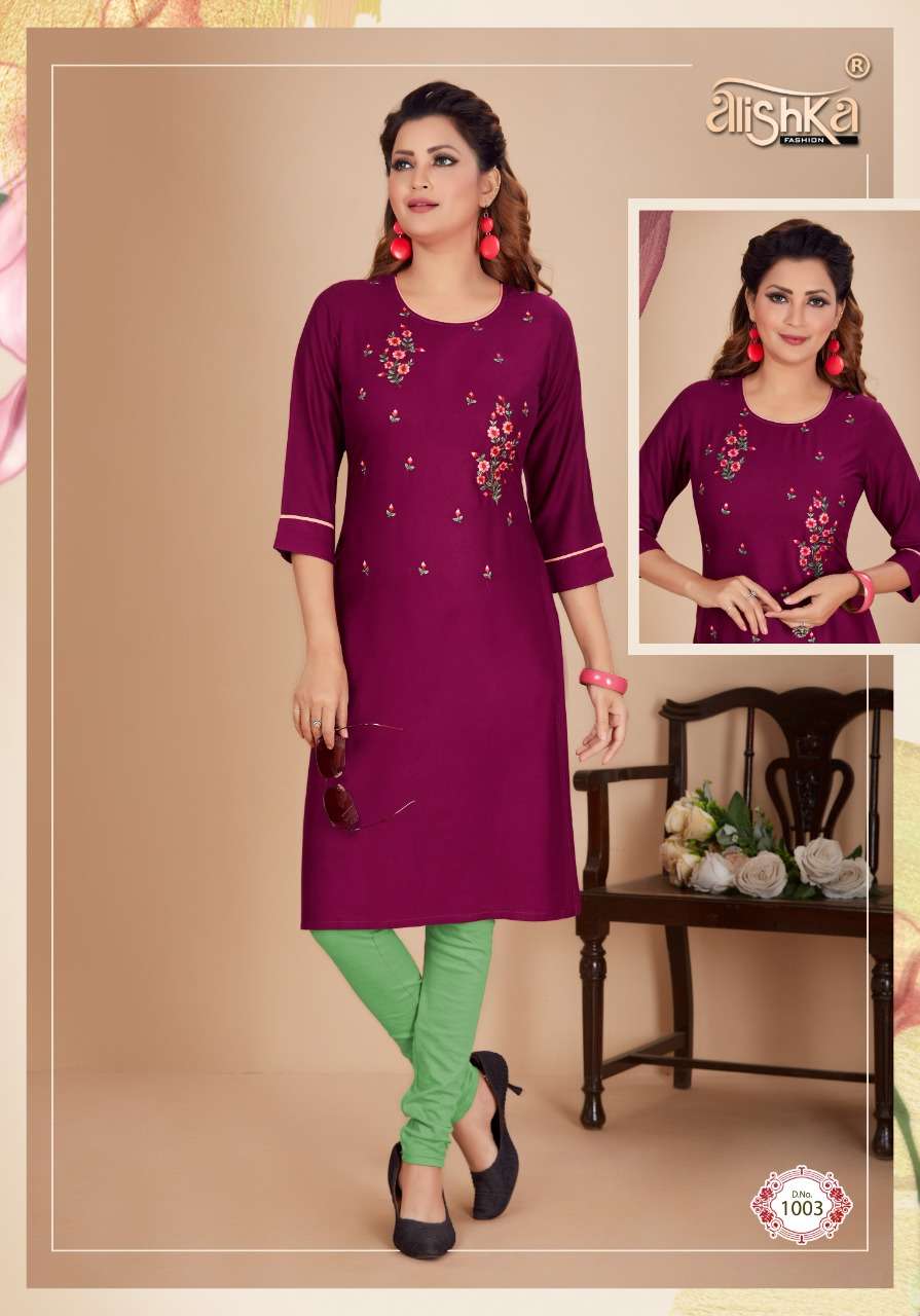 TITLI BY ALISHKA FASHION 1001 TO 1006 SERIES DESIGNER STYLISH FANCY COLORFUL BEAUTIFUL PARTY WEAR & ETHNIC WEAR COLLECTION RAYON EMBROIDERY KURTIS AT WHOLESALE PRICE