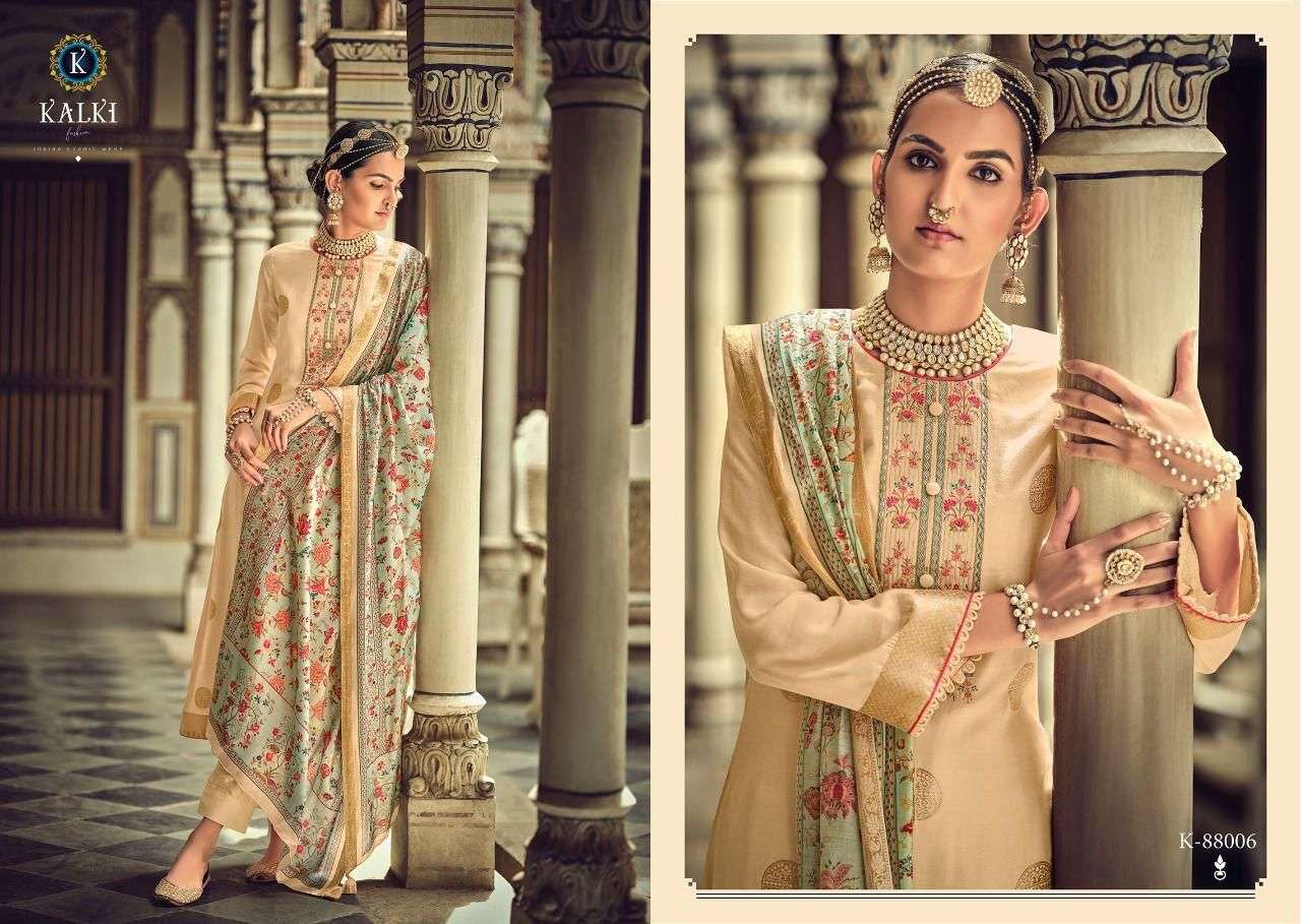 HANYA BY KALKI 88001 TO 88008 SERIES BEAUTIFUL SUITS COLORFUL STYLISH FANCY CASUAL WEAR & ETHNIC WEAR MUSLIN SILK JACQUARD DRESSES AT WHOLESALE PRICE