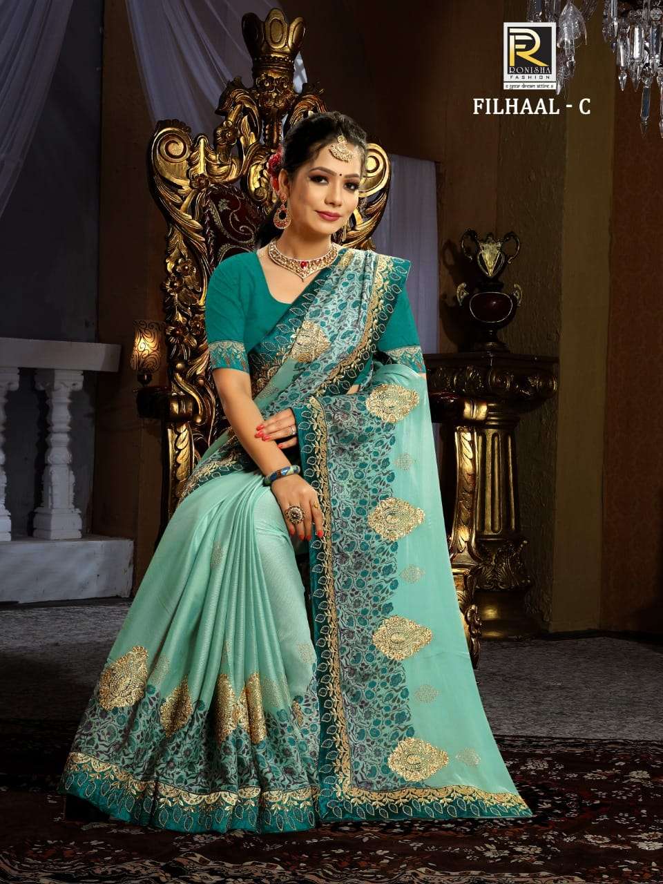 FILHAAL BY RONISHA FASHION A TO E SERIES INDIAN TRADITIONAL WEAR COLLECTION BEAUTIFUL STYLISH FANCY COLORFUL PARTY WEAR & OCCASIONAL WEAR CHIFFON DIGITAL PRINT SAREES AT WHOLESALE PRICE
