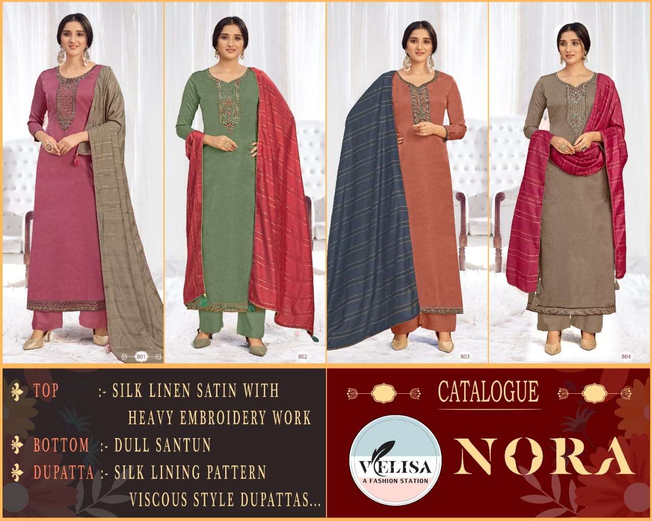 NORA BY VENISHA 801 TO 804 SERIES BEAUTIFUL SUITS COLORFUL STYLISH FANCY CASUAL WEAR & ETHNIC WEAR SILK LINEN SATIN EMBROIDERED DRESSES AT WHOLESALE PRICE