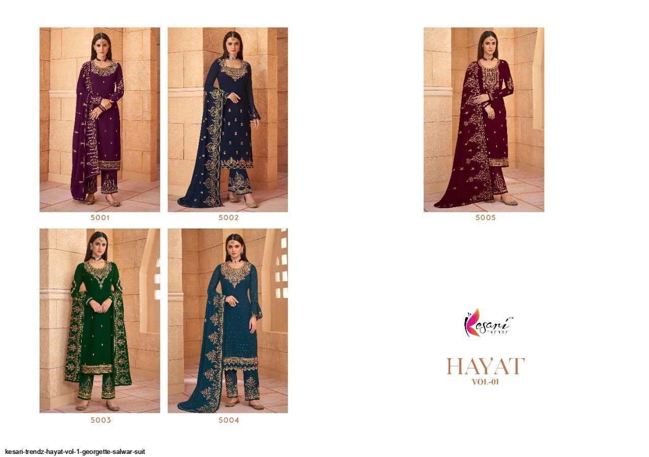 HAYAT VOL-1 BY KESARI TRENDZ 5001 TO 5005 SERIES BEAUTIFUL WINTER COLLECTION SUITS STYLISH FANCY COLORFUL CASUAL WEAR & ETHNIC WEAR HEAVY GEORGETTE EMBROIDERED DRESSES AT WHOLESALE PRICE