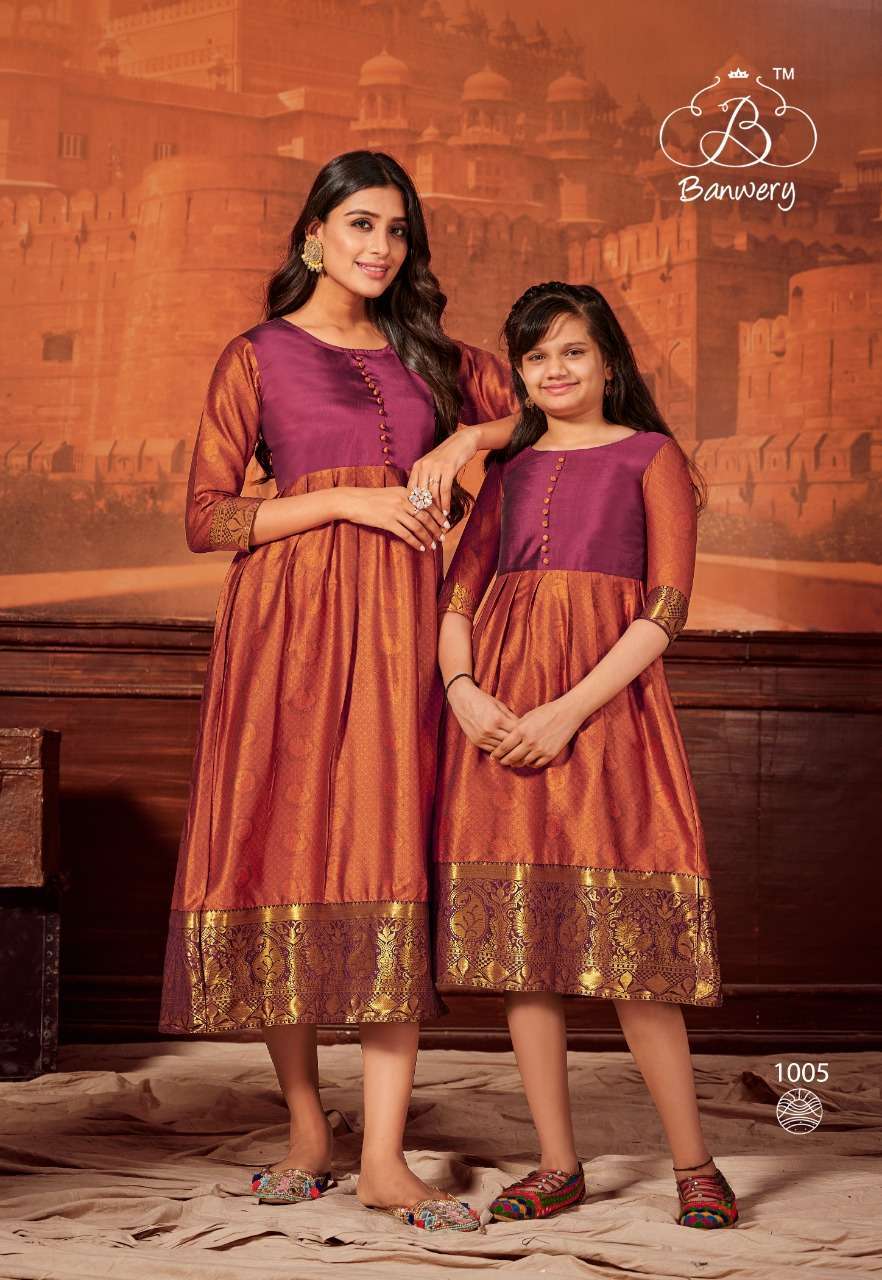 MOTHER AND DAUGHTER BY BANWERY FASHION 1001 TO 1006 SERIES DESIGNER STYLISH FANCY COLORFUL BEAUTIFUL PARTY WEAR & ETHNIC WEAR COLLECTION SILK WEAVING KURTIS AT WHOLESALE PRICE