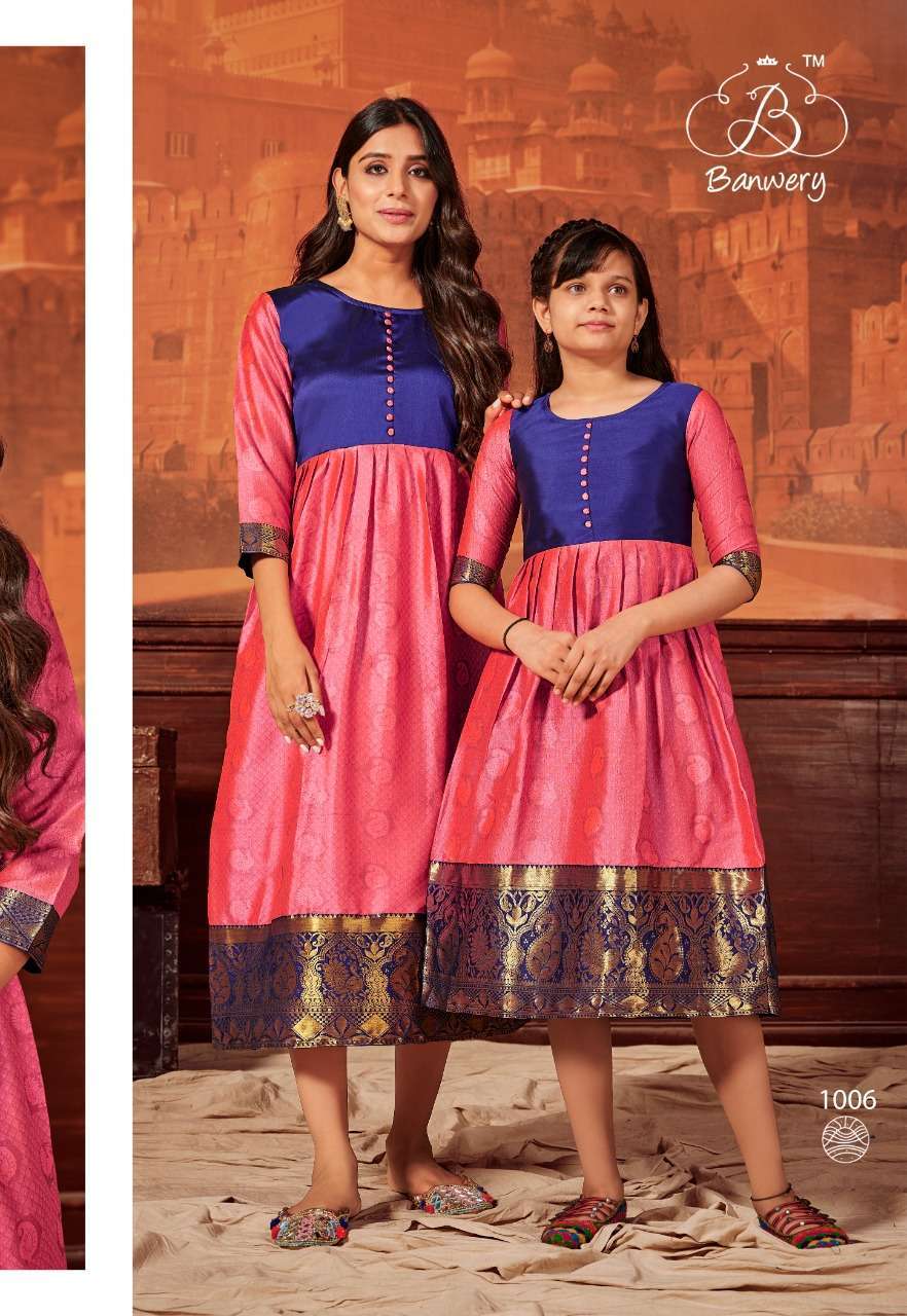 MOTHER AND DAUGHTER BY BANWERY FASHION 1001 TO 1006 SERIES DESIGNER STYLISH FANCY COLORFUL BEAUTIFUL PARTY WEAR & ETHNIC WEAR COLLECTION SILK WEAVING KURTIS AT WHOLESALE PRICE