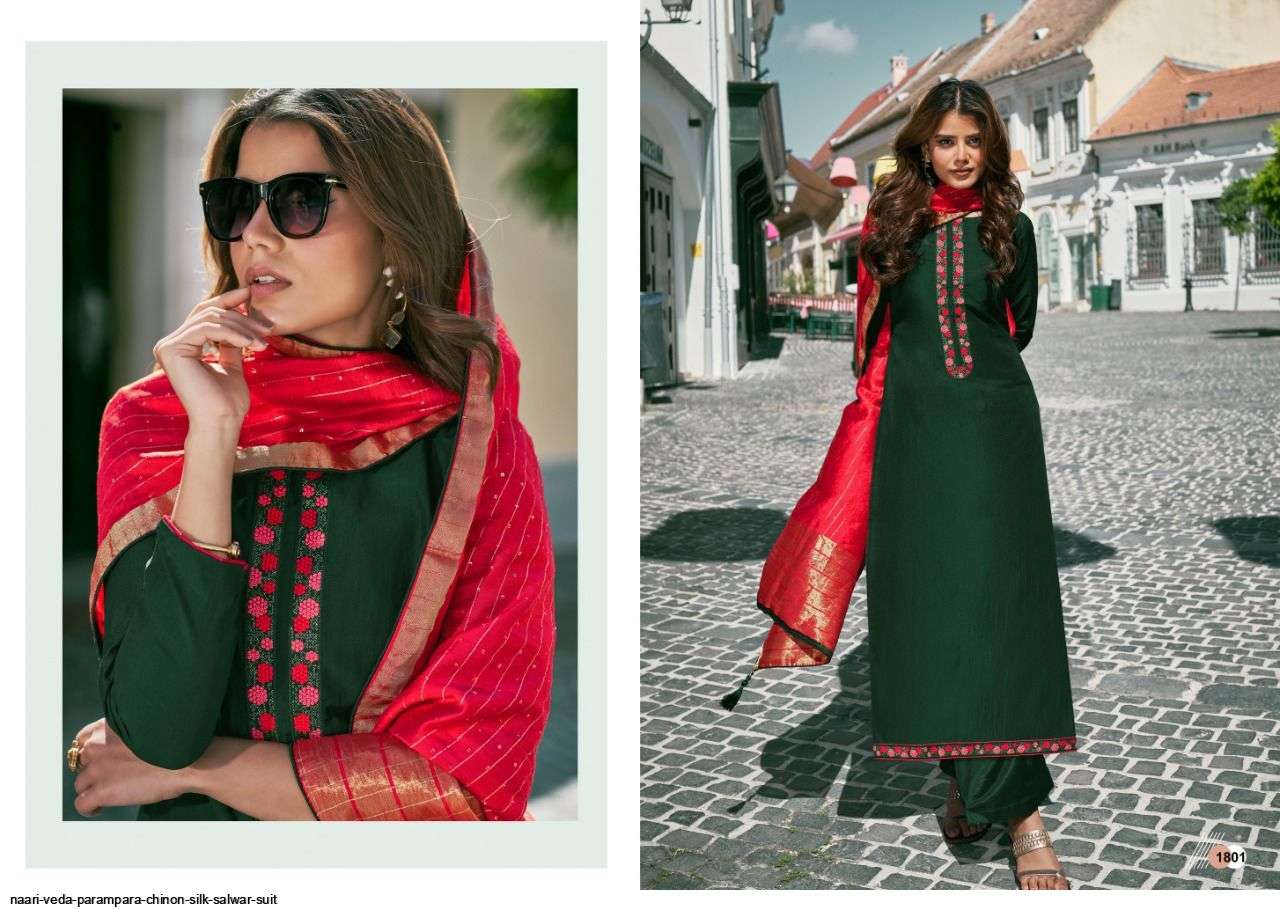 VEDA BY NAARI 1801 TO 1806 SERIES BEAUTIFUL SUITS COLORFUL STYLISH FANCY CASUAL WEAR & ETHNIC WEAR CHINNON SILK WITH WORK DRESSES AT WHOLESALE PRICE