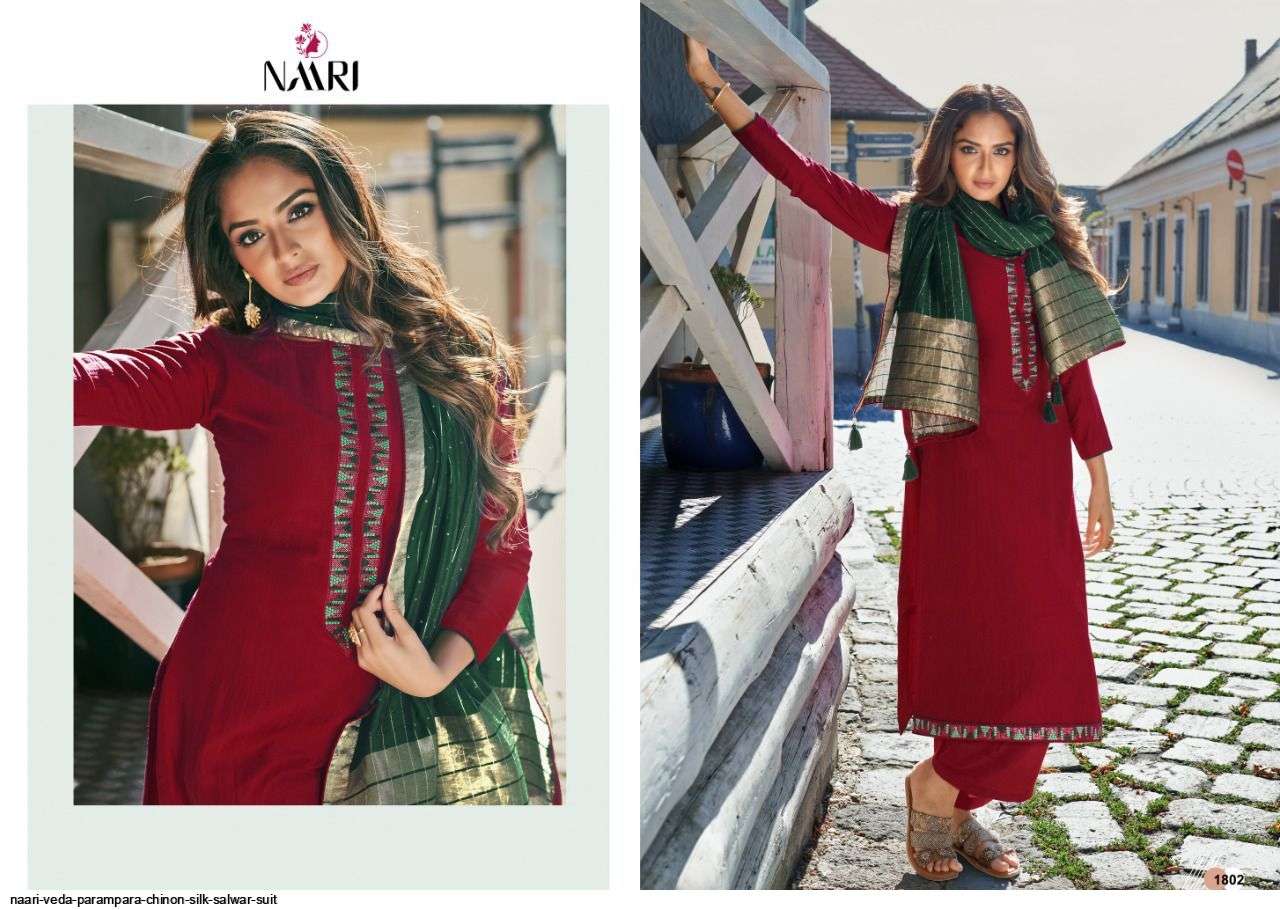 VEDA BY NAARI 1801 TO 1806 SERIES BEAUTIFUL SUITS COLORFUL STYLISH FANCY CASUAL WEAR & ETHNIC WEAR CHINNON SILK WITH WORK DRESSES AT WHOLESALE PRICE