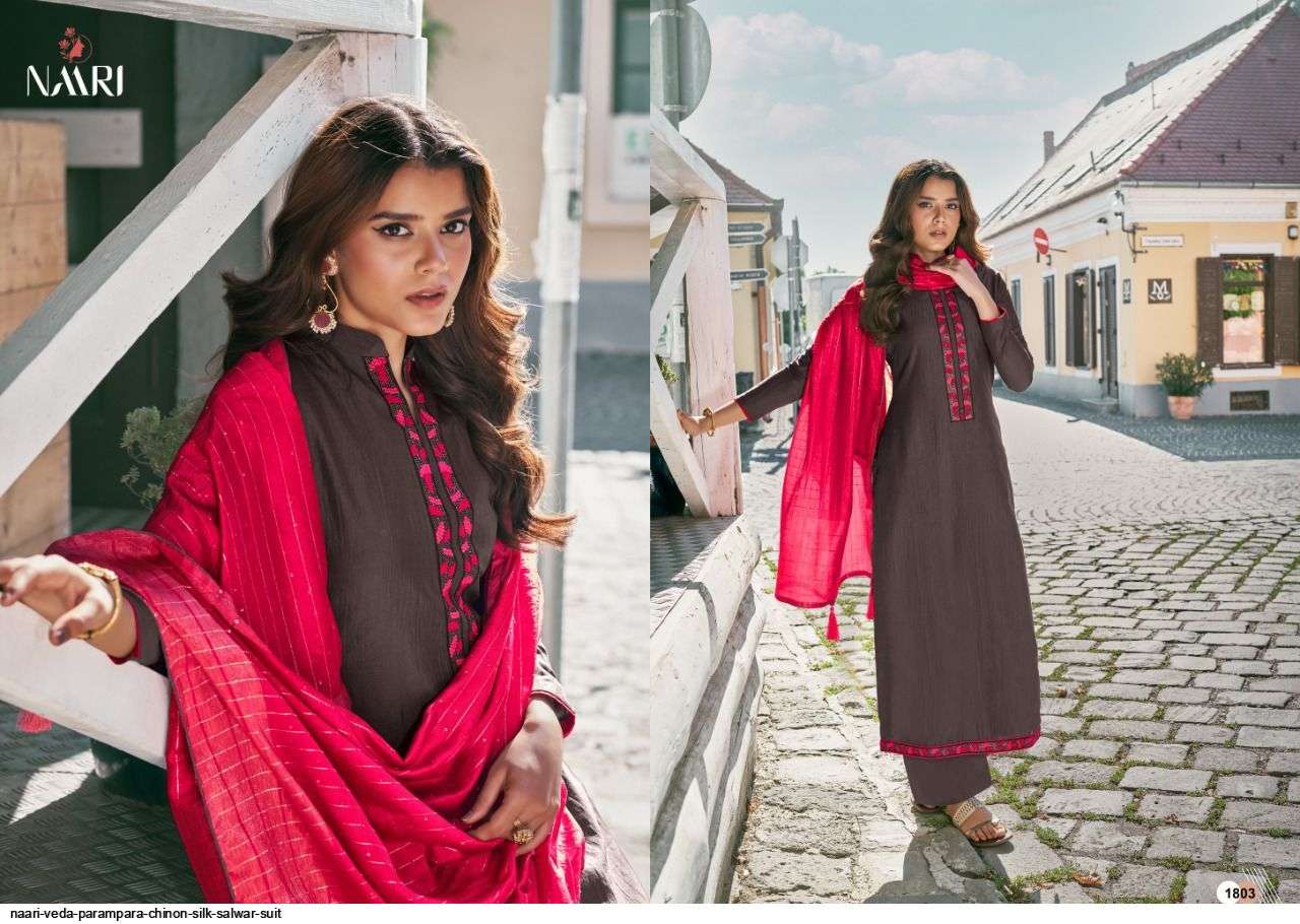 VEDA BY NAARI 1801 TO 1806 SERIES BEAUTIFUL SUITS COLORFUL STYLISH FANCY CASUAL WEAR & ETHNIC WEAR CHINNON SILK WITH WORK DRESSES AT WHOLESALE PRICE