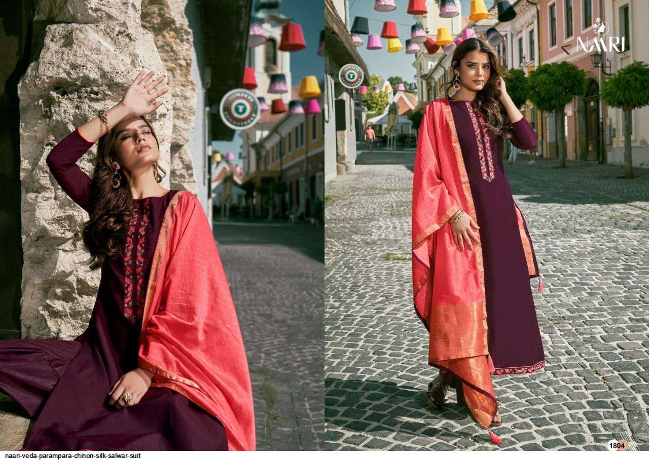 VEDA BY NAARI 1801 TO 1806 SERIES BEAUTIFUL SUITS COLORFUL STYLISH FANCY CASUAL WEAR & ETHNIC WEAR CHINNON SILK WITH WORK DRESSES AT WHOLESALE PRICE