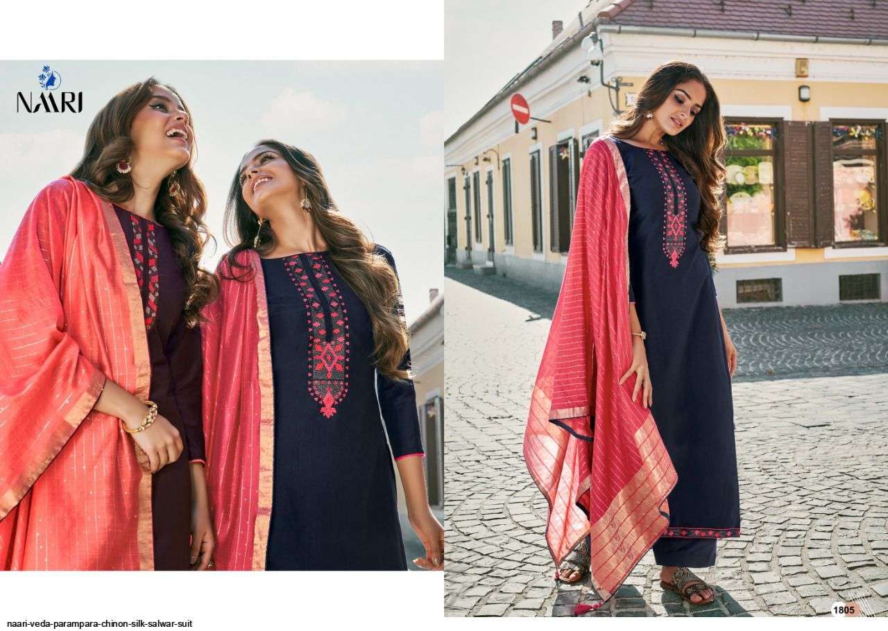 VEDA BY NAARI 1801 TO 1806 SERIES BEAUTIFUL SUITS COLORFUL STYLISH FANCY CASUAL WEAR & ETHNIC WEAR CHINNON SILK WITH WORK DRESSES AT WHOLESALE PRICE