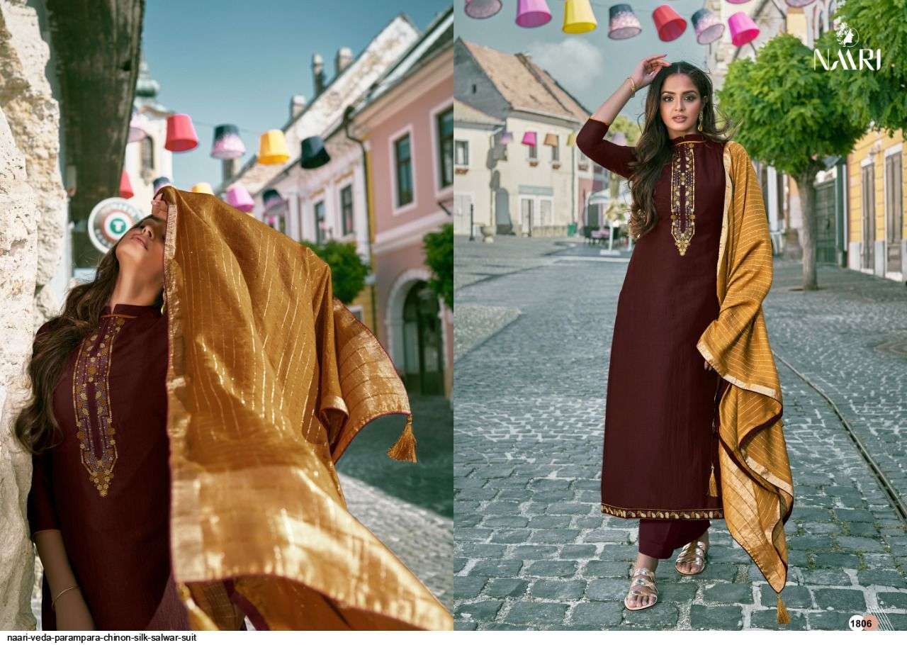 VEDA BY NAARI 1801 TO 1806 SERIES BEAUTIFUL SUITS COLORFUL STYLISH FANCY CASUAL WEAR & ETHNIC WEAR CHINNON SILK WITH WORK DRESSES AT WHOLESALE PRICE
