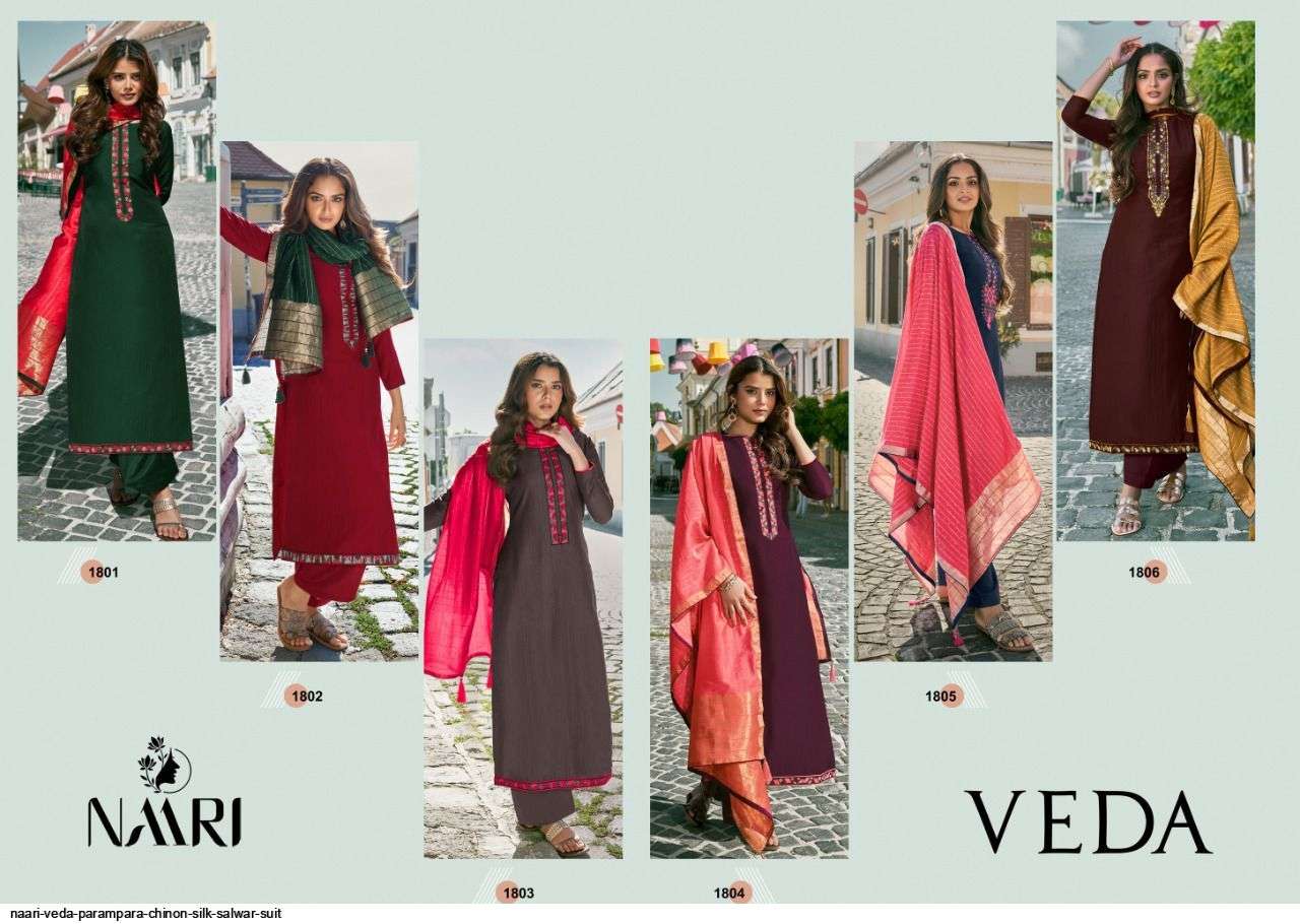 VEDA BY NAARI 1801 TO 1806 SERIES BEAUTIFUL SUITS COLORFUL STYLISH FANCY CASUAL WEAR & ETHNIC WEAR CHINNON SILK WITH WORK DRESSES AT WHOLESALE PRICE