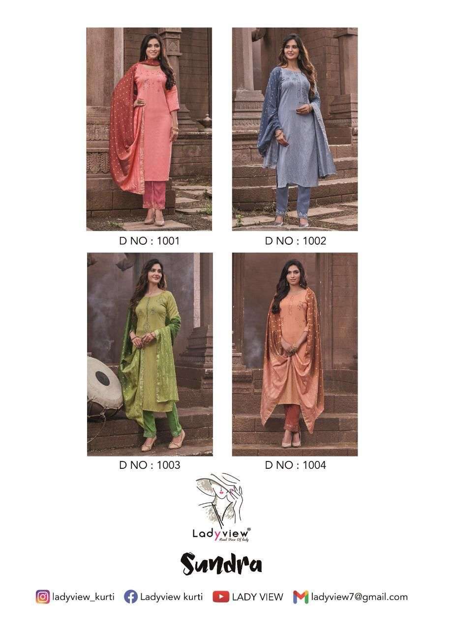 SUNDRA BY LADY VIEW 1001 TO 1004 SERIES BEAUTIFUL SUITS COLORFUL STYLISH FANCY CASUAL WEAR & ETHNIC WEAR NYLON VISCOSE DRESSES AT WHOLESALE PRICE