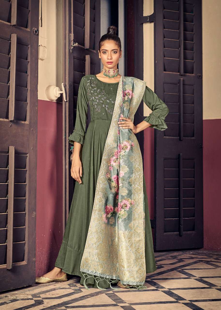 AWESOME BY ALISHKA FASHION 1001 TO 1006 SERIES BEAUTIFUL STYLISH FANCY COLORFUL CASUAL WEAR & ETHNIC WEAR PURE MUSLIN SILK GOWNS WITH DUPATTA AT WHOLESALE PRICE