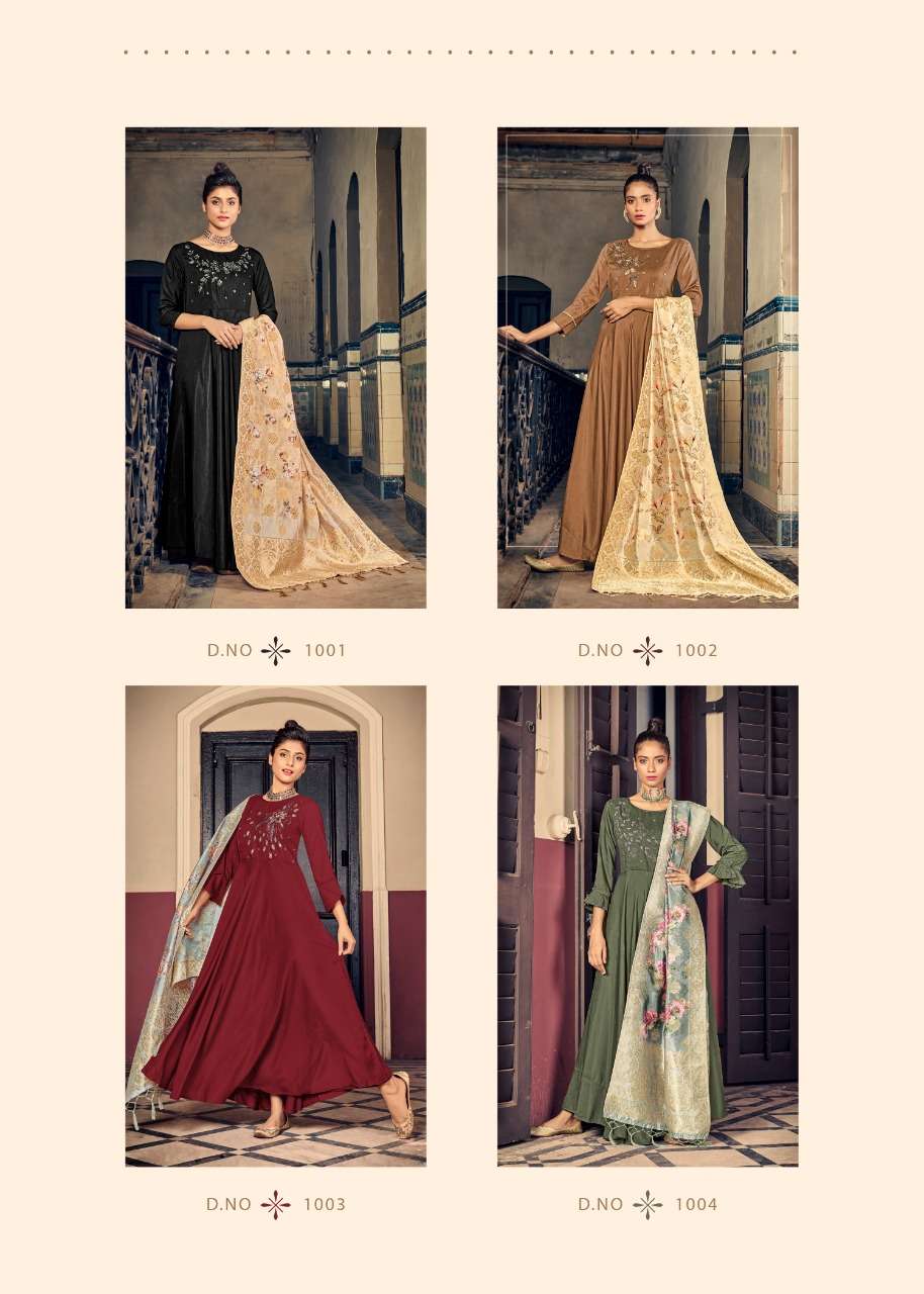 AWESOME BY ALISHKA FASHION 1001 TO 1006 SERIES BEAUTIFUL STYLISH FANCY COLORFUL CASUAL WEAR & ETHNIC WEAR PURE MUSLIN SILK GOWNS WITH DUPATTA AT WHOLESALE PRICE