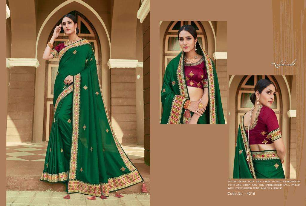 KIMAYA BY NAKKASHI 4208 TO 4216 SERIES INDIAN TRADITIONAL WEAR COLLECTION BEAUTIFUL STYLISH FANCY COLORFUL PARTY WEAR & OCCASIONAL WEAR DOLA SILK SAREES AT WHOLESALE PRICE