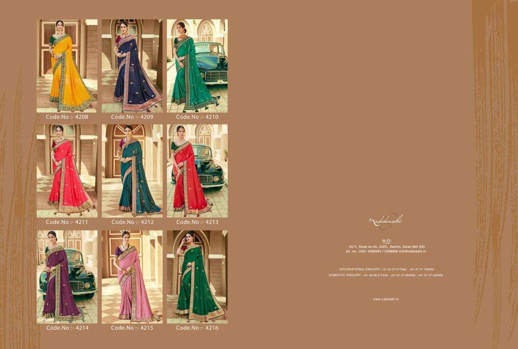 KIMAYA BY NAKKASHI 4208 TO 4216 SERIES INDIAN TRADITIONAL WEAR COLLECTION BEAUTIFUL STYLISH FANCY COLORFUL PARTY WEAR & OCCASIONAL WEAR DOLA SILK SAREES AT WHOLESALE PRICE