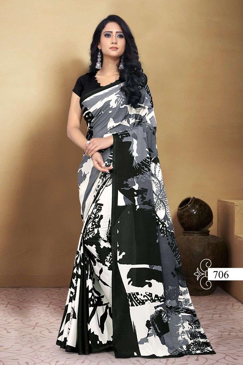 UNIQUE SILK BY VRANDA FASHION 701 TO 706 SERIES INDIAN TRADITIONAL WEAR COLLECTION BEAUTIFUL STYLISH FANCY COLORFUL PARTY WEAR & OCCASIONAL WEAR CREPE SILK SAREES AT WHOLESALE PRICE
