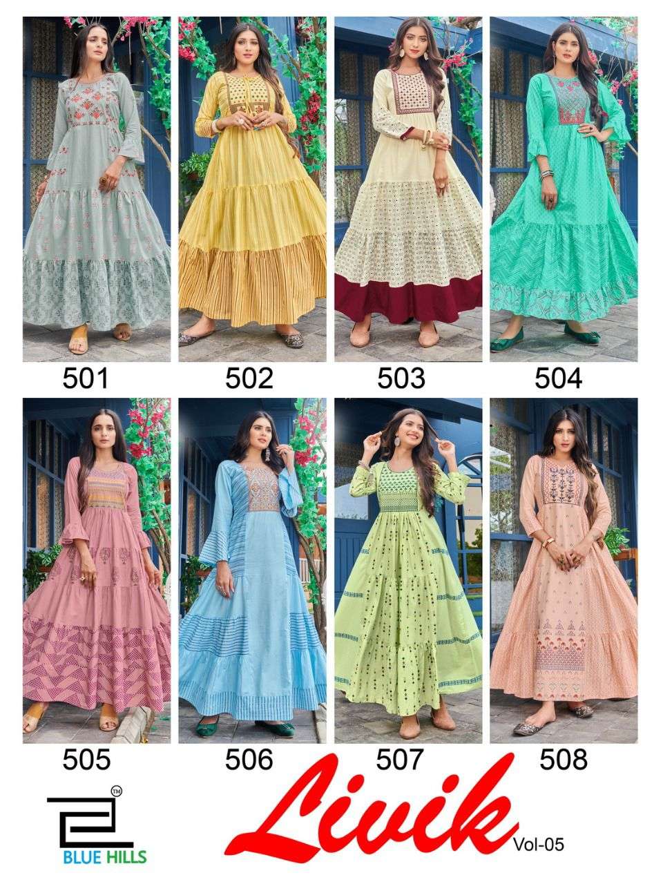 LIVIK VOL-5 BY BLUE HILLS 501 TO 508 SERIES DESIGNER STYLISH FANCY COLORFUL BEAUTIFUL PARTY WEAR & ETHNIC WEAR COLLECTION HEAVY CAMBRIC COTTON GOWNS AT WHOLESALE PRICE