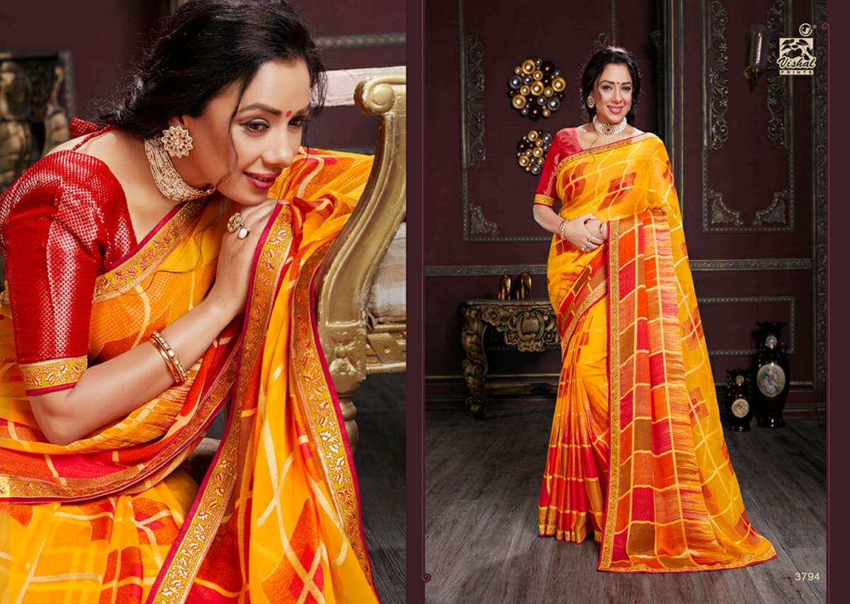 RADHIKA VOL-4 BY VISHAL PRINTS 3789 TO 3800 SERIES INDIAN TRADITIONAL WEAR COLLECTION BEAUTIFUL STYLISH FANCY COLORFUL PARTY WEAR & OCCASIONAL WEAR GEORGETTE/BRASSO SAREES AT WHOLESALE PRICE