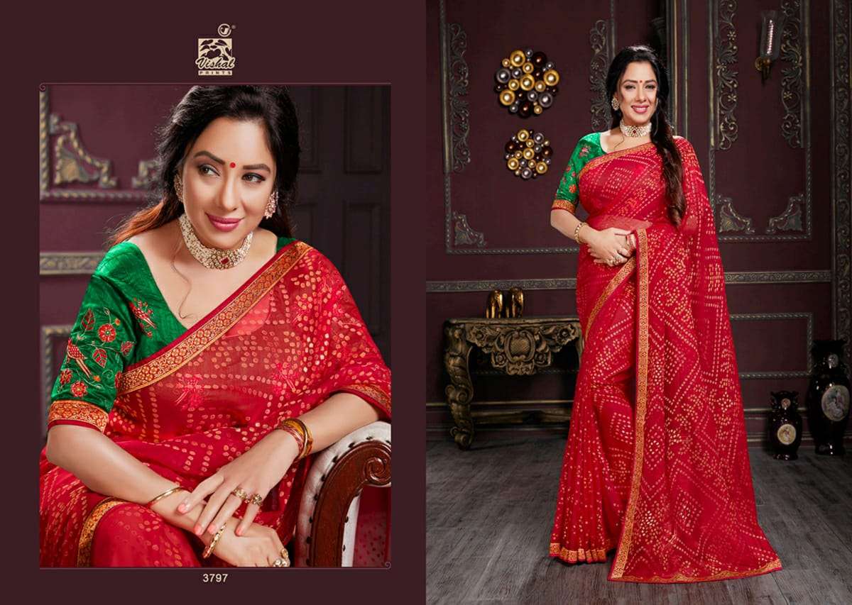 RADHIKA VOL-4 BY VISHAL PRINTS 3789 TO 3800 SERIES INDIAN TRADITIONAL WEAR COLLECTION BEAUTIFUL STYLISH FANCY COLORFUL PARTY WEAR & OCCASIONAL WEAR GEORGETTE/BRASSO SAREES AT WHOLESALE PRICE