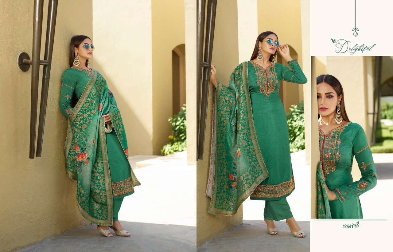 RESHAM BY ZISA 12441 TO 12446 SERIES BEAUTIFUL SUITS COLORFUL STYLISH FANCY CASUAL WEAR & ETHNIC WEAR TUSSAR SATIN EMBROIDERED DRESSES AT WHOLESALE PRICE