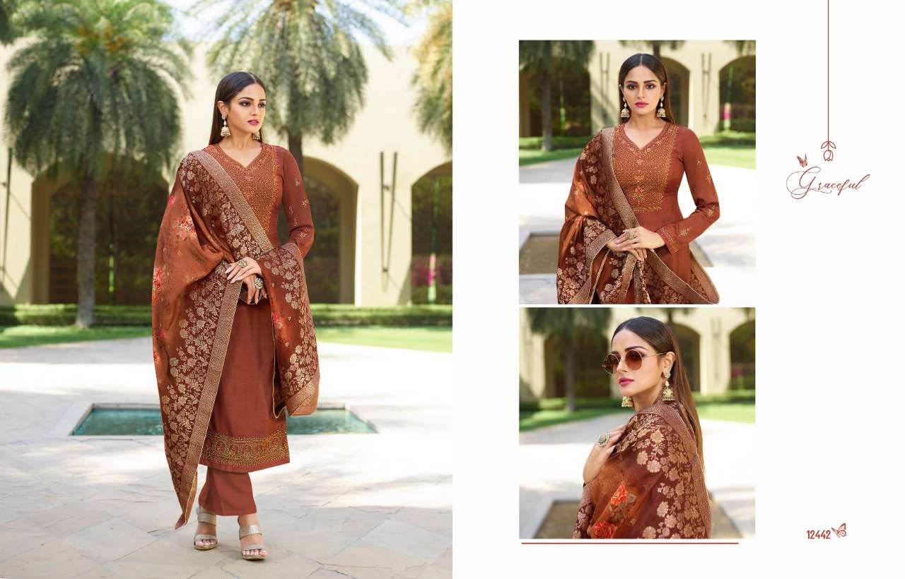 RESHAM BY ZISA 12441 TO 12446 SERIES BEAUTIFUL SUITS COLORFUL STYLISH FANCY CASUAL WEAR & ETHNIC WEAR TUSSAR SATIN EMBROIDERED DRESSES AT WHOLESALE PRICE