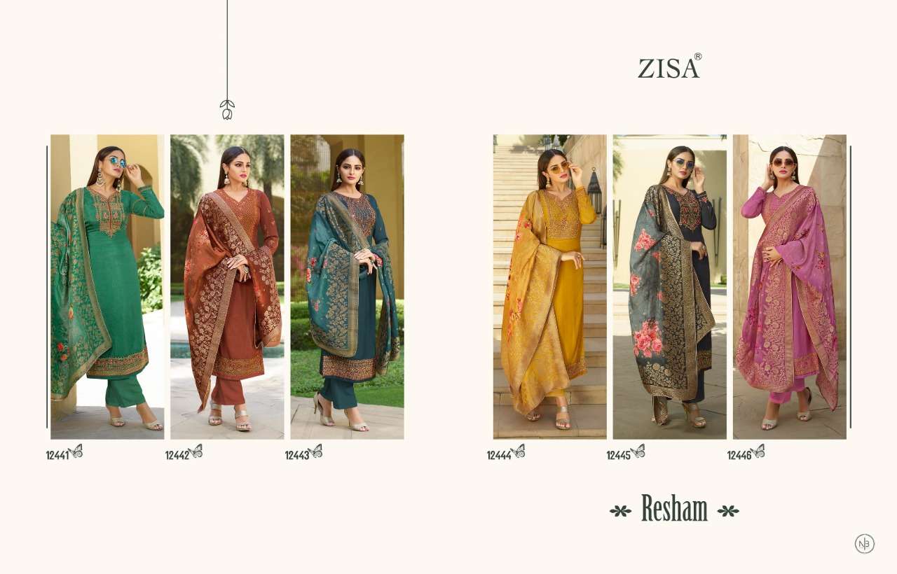 RESHAM BY ZISA 12441 TO 12446 SERIES BEAUTIFUL SUITS COLORFUL STYLISH FANCY CASUAL WEAR & ETHNIC WEAR TUSSAR SATIN EMBROIDERED DRESSES AT WHOLESALE PRICE