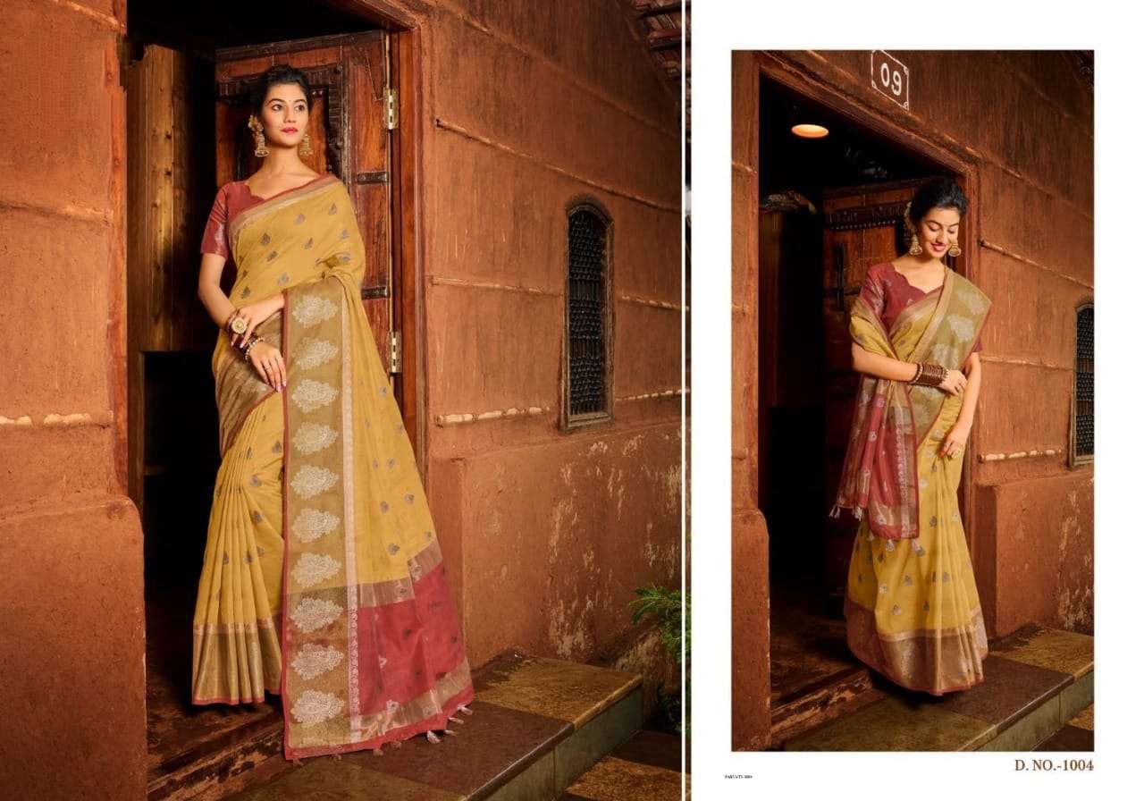 PARVATI BY SHREE MATARAM 1001 TO 1008 SERIES INDIAN TRADITIONAL WEAR COLLECTION BEAUTIFUL STYLISH FANCY COLORFUL PARTY WEAR & OCCASIONAL WEAR CHANDERI COTTON SAREES AT WHOLESALE PRICE