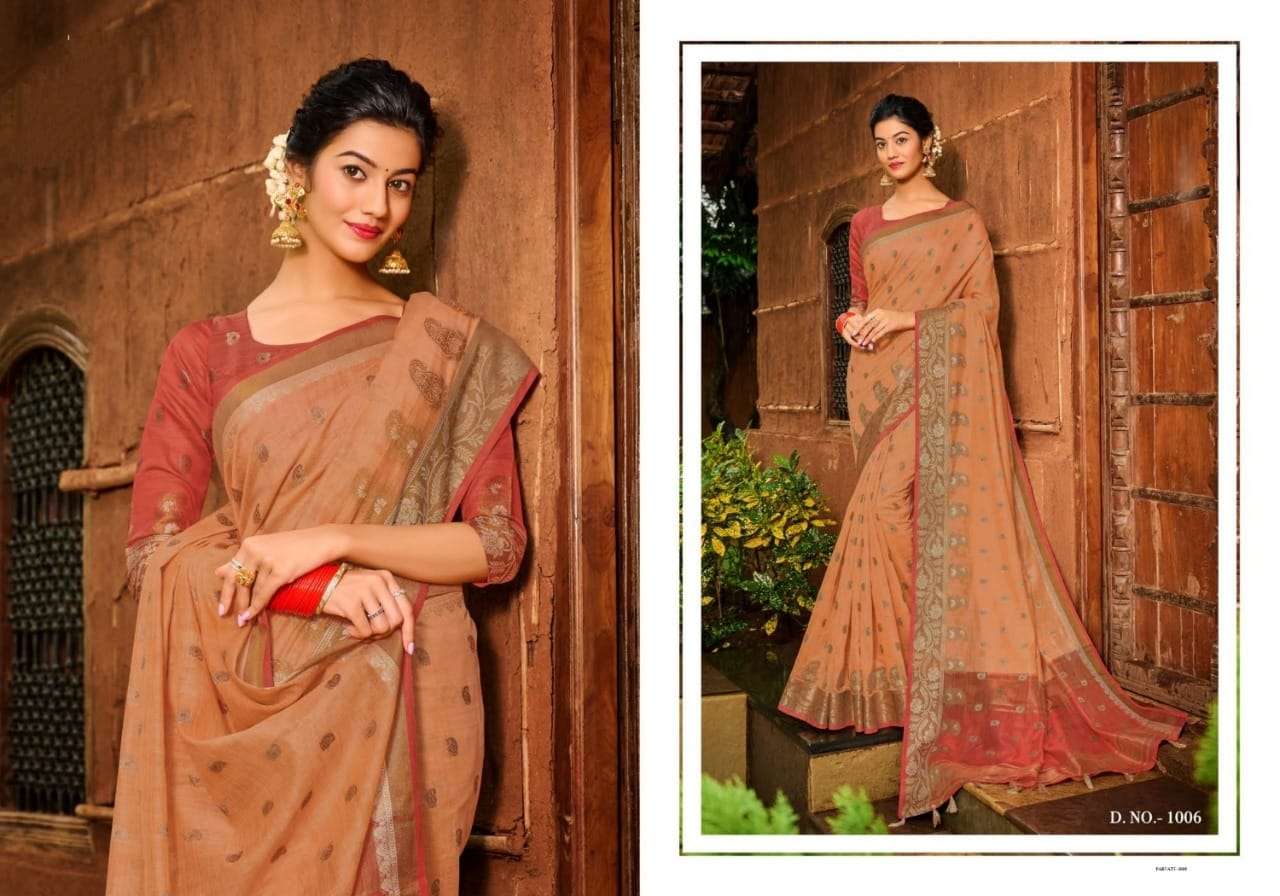 PARVATI BY SHREE MATARAM 1001 TO 1008 SERIES INDIAN TRADITIONAL WEAR COLLECTION BEAUTIFUL STYLISH FANCY COLORFUL PARTY WEAR & OCCASIONAL WEAR CHANDERI COTTON SAREES AT WHOLESALE PRICE