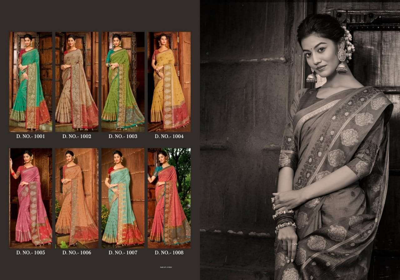 PARVATI BY SHREE MATARAM 1001 TO 1008 SERIES INDIAN TRADITIONAL WEAR COLLECTION BEAUTIFUL STYLISH FANCY COLORFUL PARTY WEAR & OCCASIONAL WEAR CHANDERI COTTON SAREES AT WHOLESALE PRICE