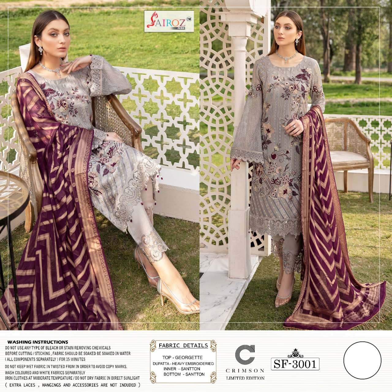 CRIMSON BY SAIROZ FABS 3001 TO 3005 SERIES DESIGNER PAKISTANI SUITS BEAUTIFUL STYLISH FANCY COLORFUL PARTY WEAR & OCCASIONAL WEAR HEAVY GEORGETTE EMBROIDERED DRESSES AT WHOLESALE PRICE