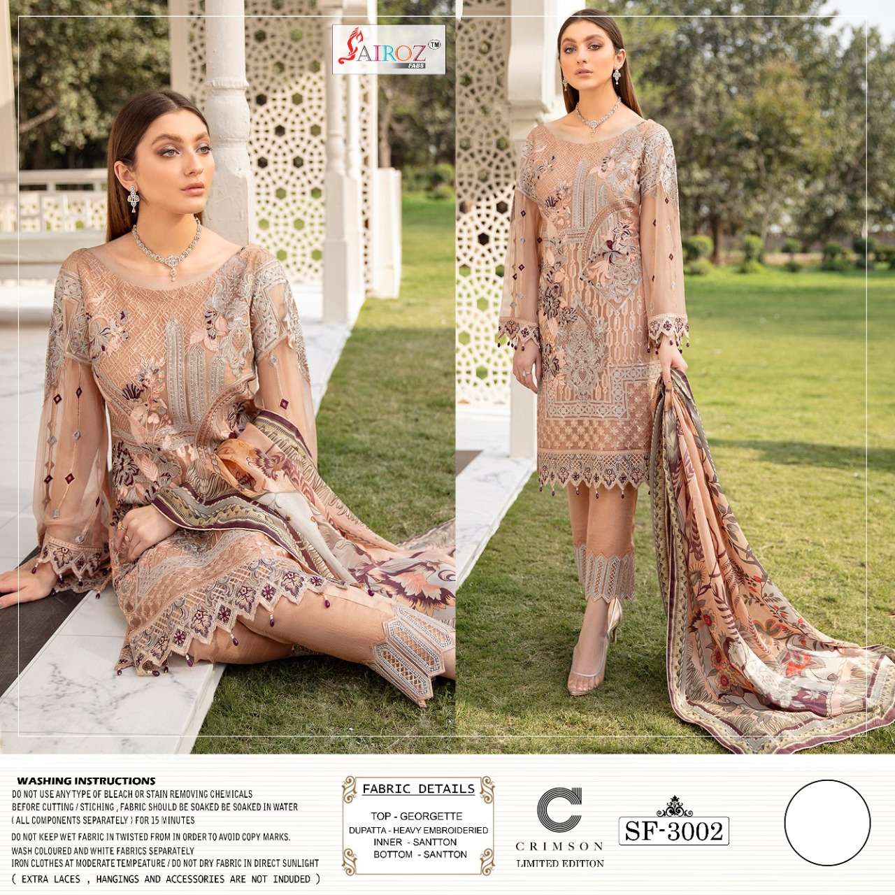 CRIMSON BY SAIROZ FABS 3001 TO 3005 SERIES DESIGNER PAKISTANI SUITS BEAUTIFUL STYLISH FANCY COLORFUL PARTY WEAR & OCCASIONAL WEAR HEAVY GEORGETTE EMBROIDERED DRESSES AT WHOLESALE PRICE