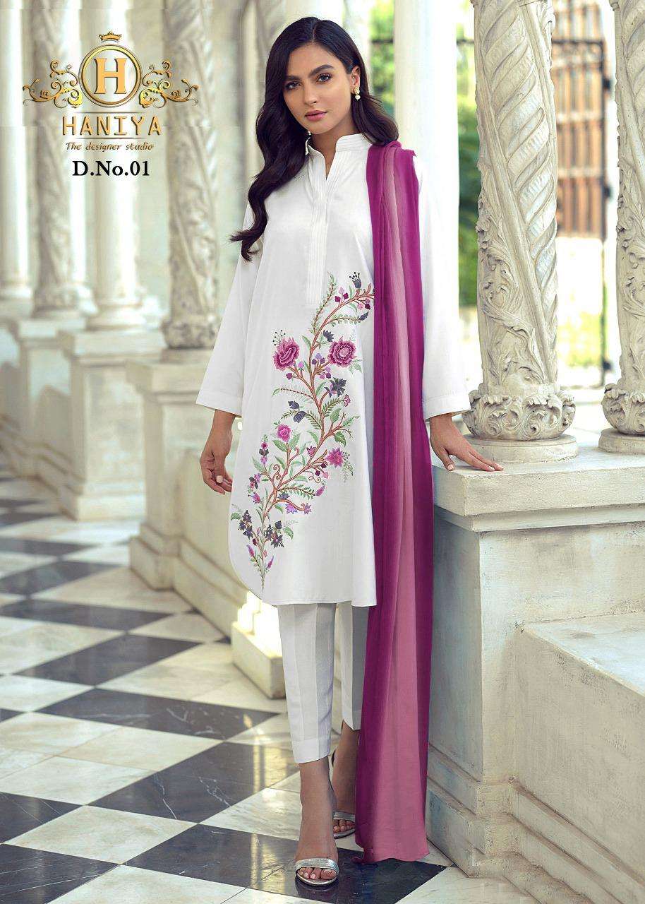 HANIYA 01 COLOURS BY HANIYA 01-A TO 01-D SERIES BEAUTIFUL PAKISTANI SUITS STYLISH FANCY COLORFUL PARTY WEAR & OCCASIONAL WEAR PURE COTTON SATIN DRESSES AT WHOLESALE PRICE