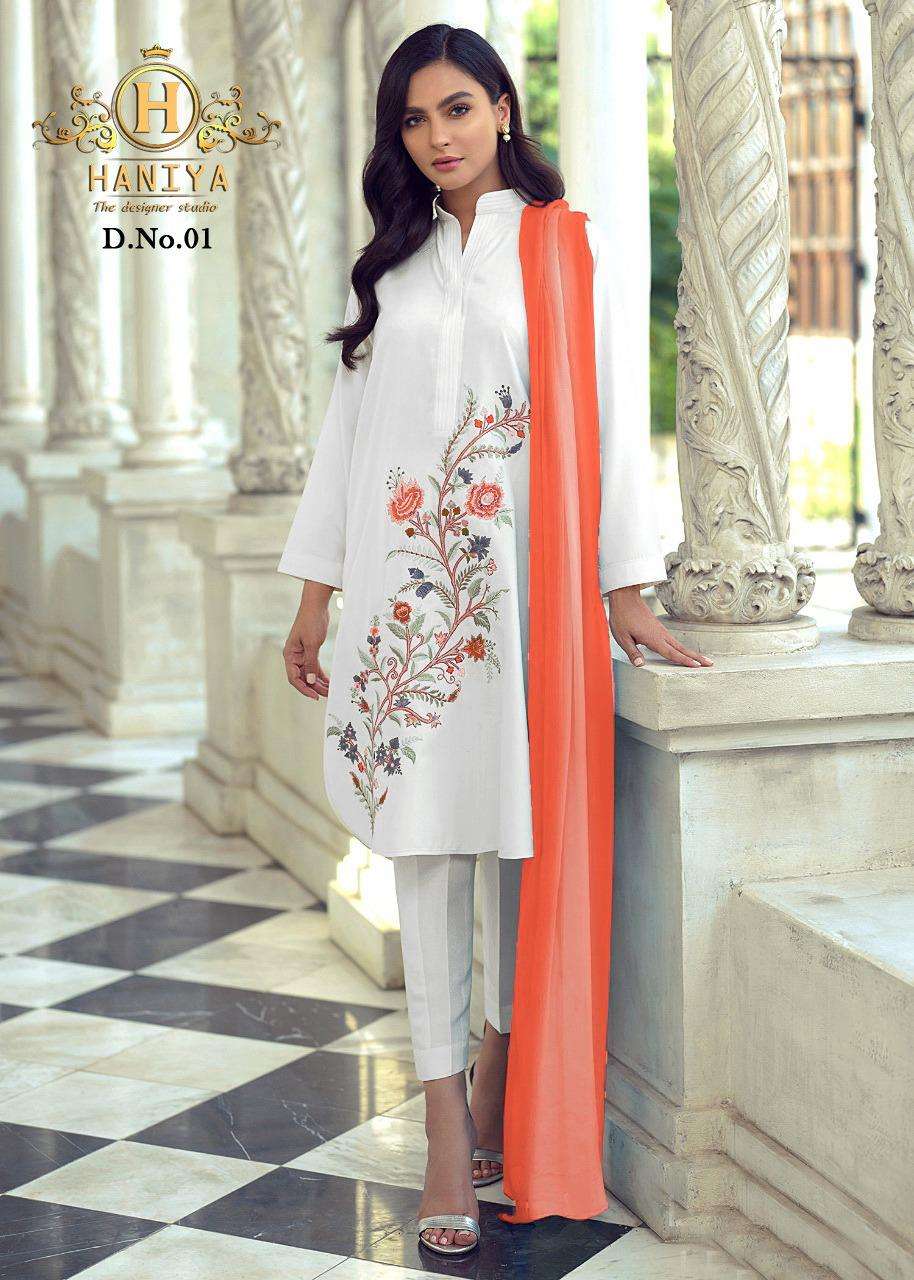 HANIYA 01 COLOURS BY HANIYA 01-A TO 01-D SERIES BEAUTIFUL PAKISTANI SUITS STYLISH FANCY COLORFUL PARTY WEAR & OCCASIONAL WEAR PURE COTTON SATIN DRESSES AT WHOLESALE PRICE