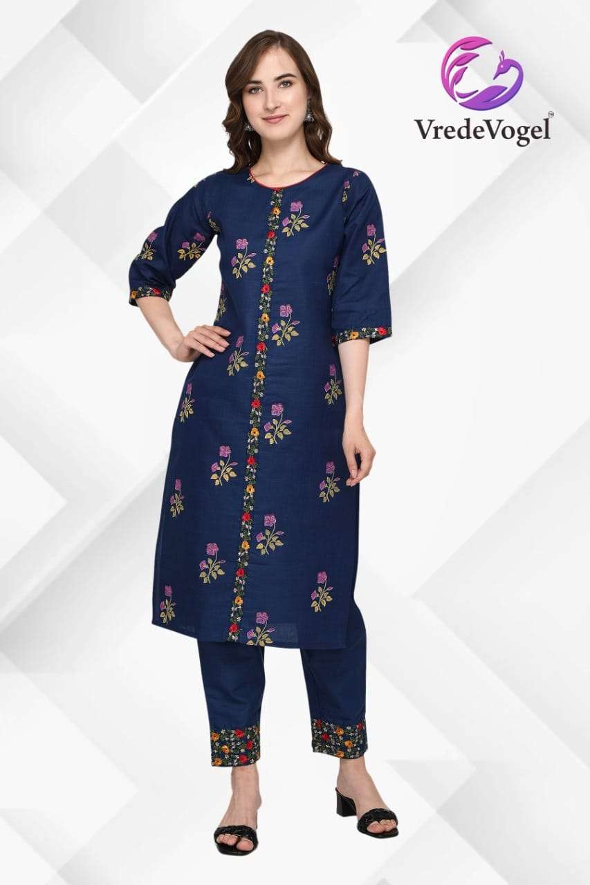 FABULOUS BY VREDE VOGEL 01 TO 10 SERIES DESIGNER STYLISH FANCY COLORFUL BEAUTIFUL PARTY WEAR & ETHNIC WEAR COLLECTION COTTON EMBROIDERY KURTIS WITH BOTTOM AT WHOLESALE PRICE