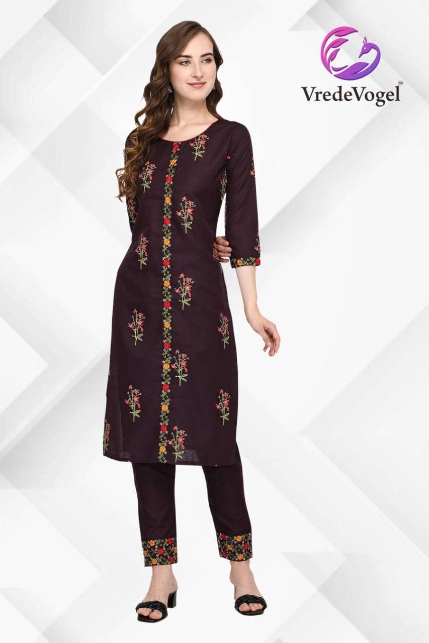 FABULOUS BY VREDE VOGEL 01 TO 10 SERIES DESIGNER STYLISH FANCY COLORFUL BEAUTIFUL PARTY WEAR & ETHNIC WEAR COLLECTION COTTON EMBROIDERY KURTIS WITH BOTTOM AT WHOLESALE PRICE