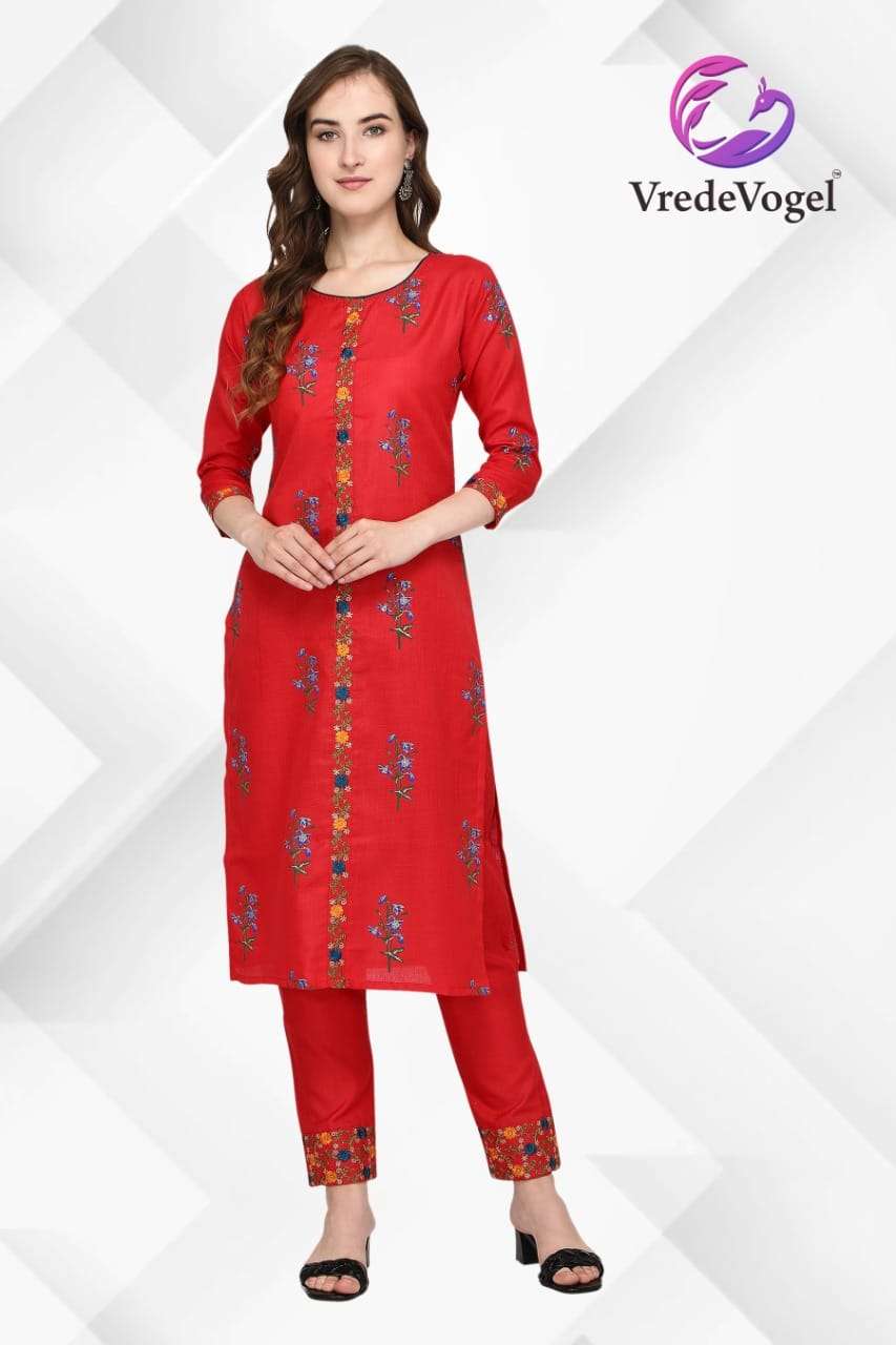 FABULOUS BY VREDE VOGEL 01 TO 10 SERIES DESIGNER STYLISH FANCY COLORFUL BEAUTIFUL PARTY WEAR & ETHNIC WEAR COLLECTION COTTON EMBROIDERY KURTIS WITH BOTTOM AT WHOLESALE PRICE