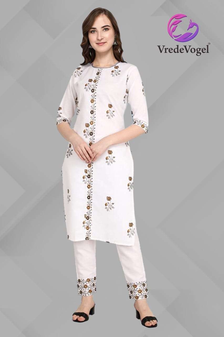 FABULOUS BY VREDE VOGEL 01 TO 10 SERIES DESIGNER STYLISH FANCY COLORFUL BEAUTIFUL PARTY WEAR & ETHNIC WEAR COLLECTION COTTON EMBROIDERY KURTIS WITH BOTTOM AT WHOLESALE PRICE