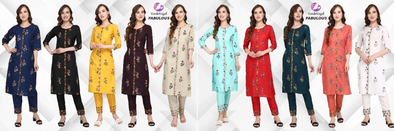 FABULOUS BY VREDE VOGEL 01 TO 10 SERIES DESIGNER STYLISH FANCY COLORFUL BEAUTIFUL PARTY WEAR & ETHNIC WEAR COLLECTION COTTON EMBROIDERY KURTIS WITH BOTTOM AT WHOLESALE PRICE