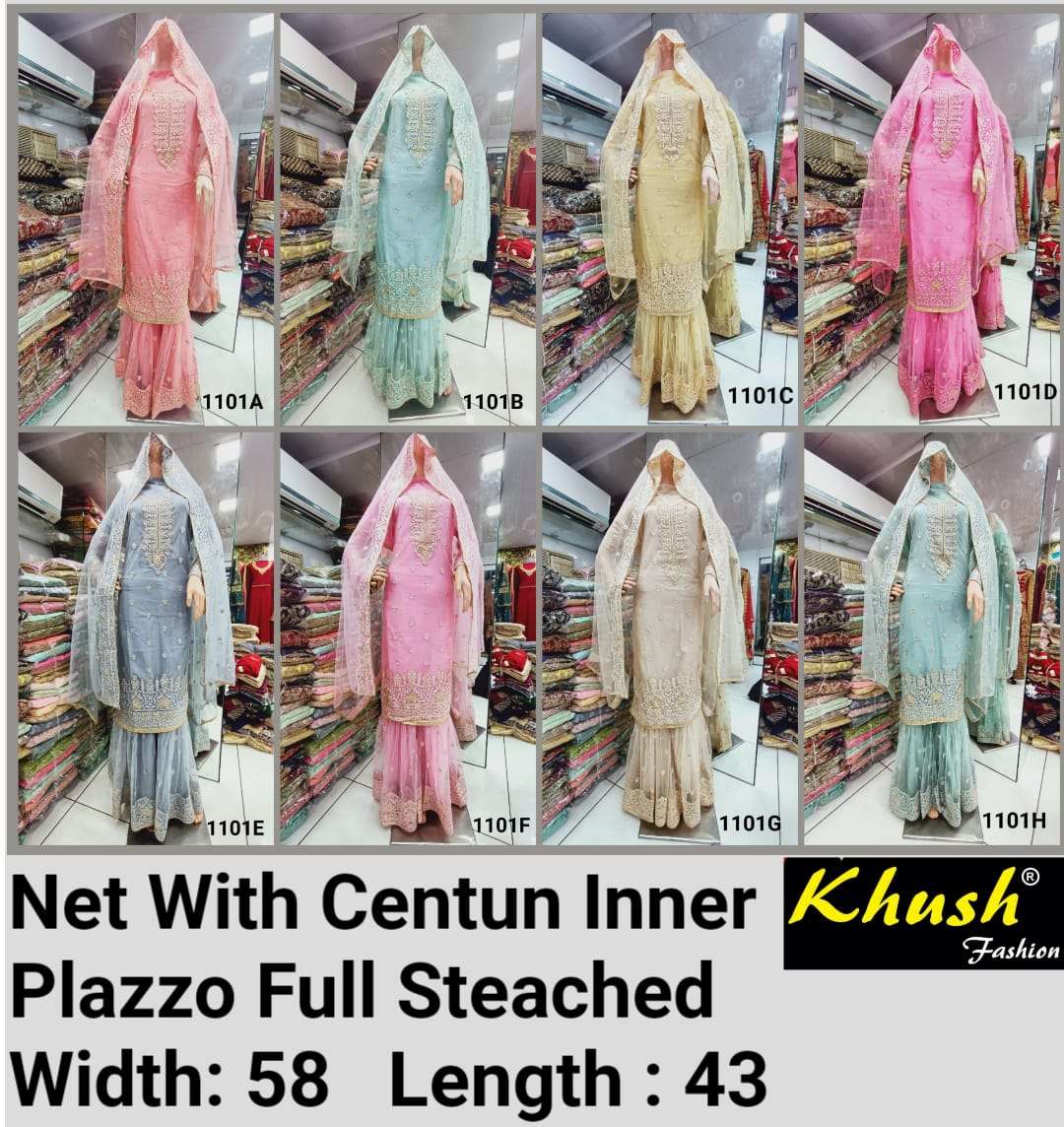 KHUSH 1101 COLOURS BY KHUSH FASHION 1101-A TO 1101-H SERIES BEAUTIFUL SUITS STYLISH COLORFUL FANCY CASUAL WEAR & ETHNIC WEAR NET EMBROIDERED DRESSES AT WHOLESALE PRICE